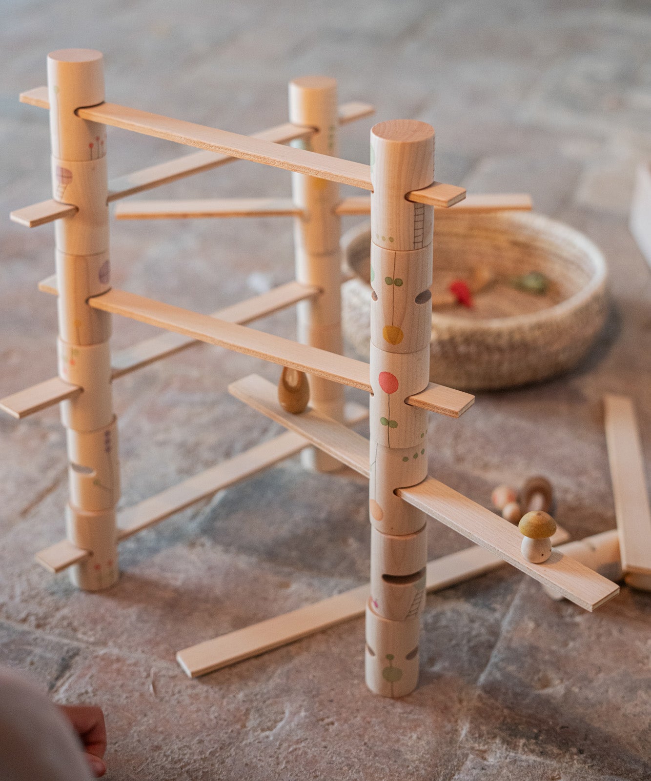 Grapat wooden woodland set setup on the floor showing stacking blocks detail 