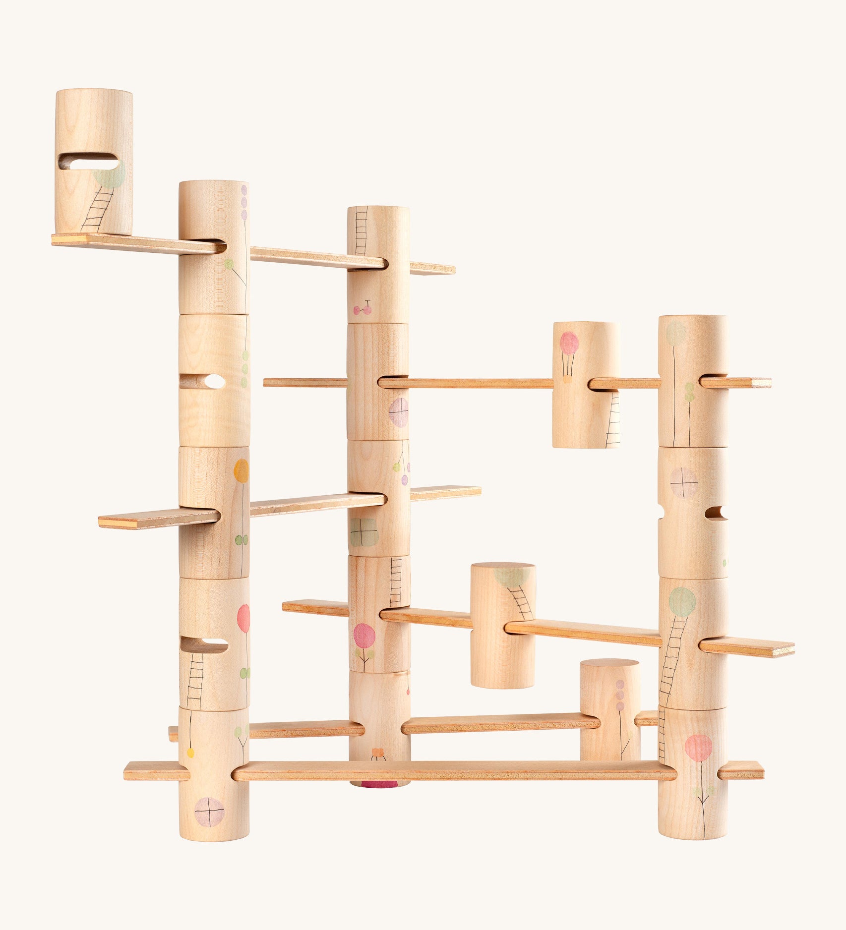 Grapat wooden woodland set - Features a combination of handcrafted and painted wooden tubes and planks  showing painted flowers, ladders and windows. Ideal for small world building and stacking games. 