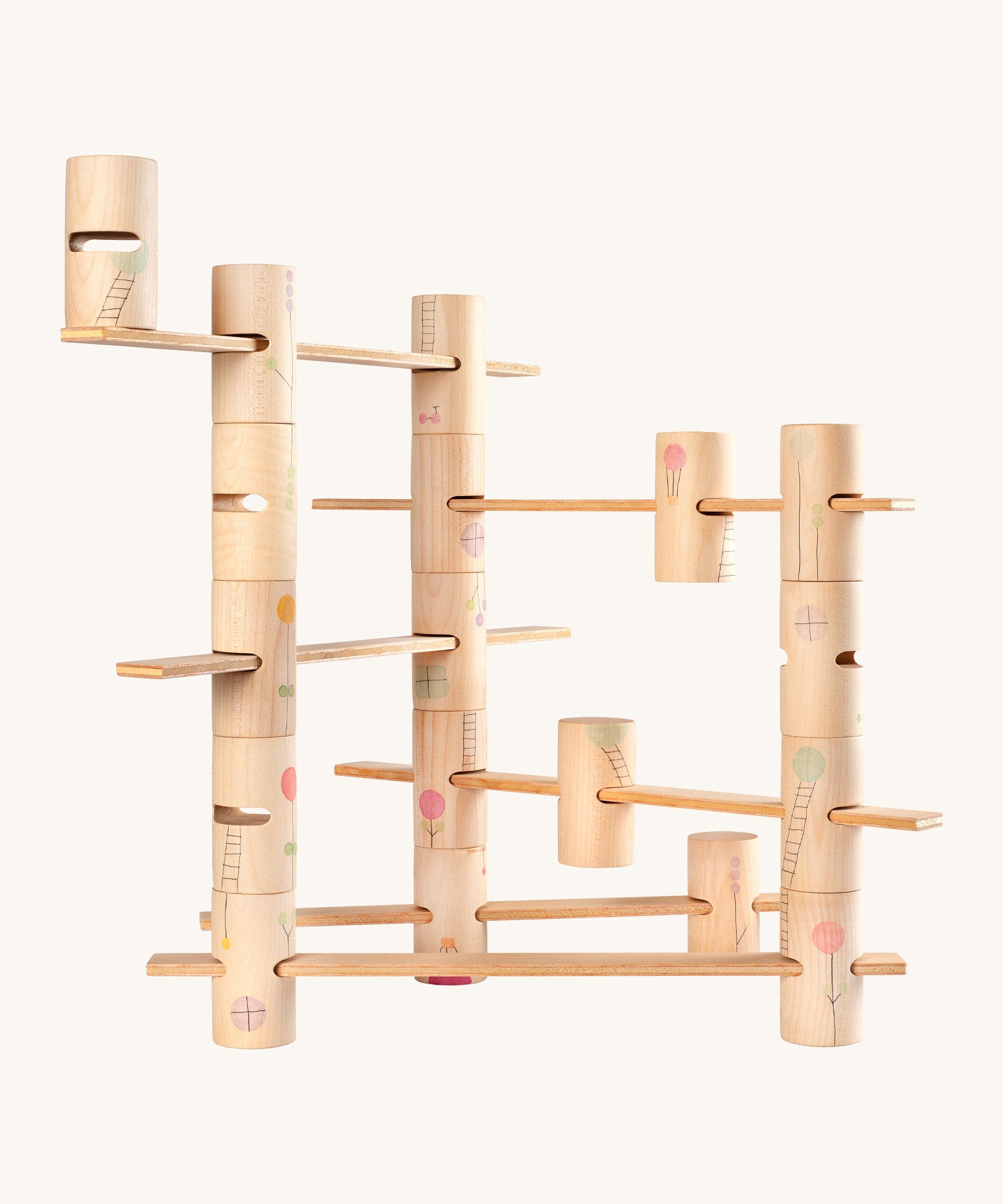 Grapat wooden woodland set setup showing stacking blocks detail on a cream background 