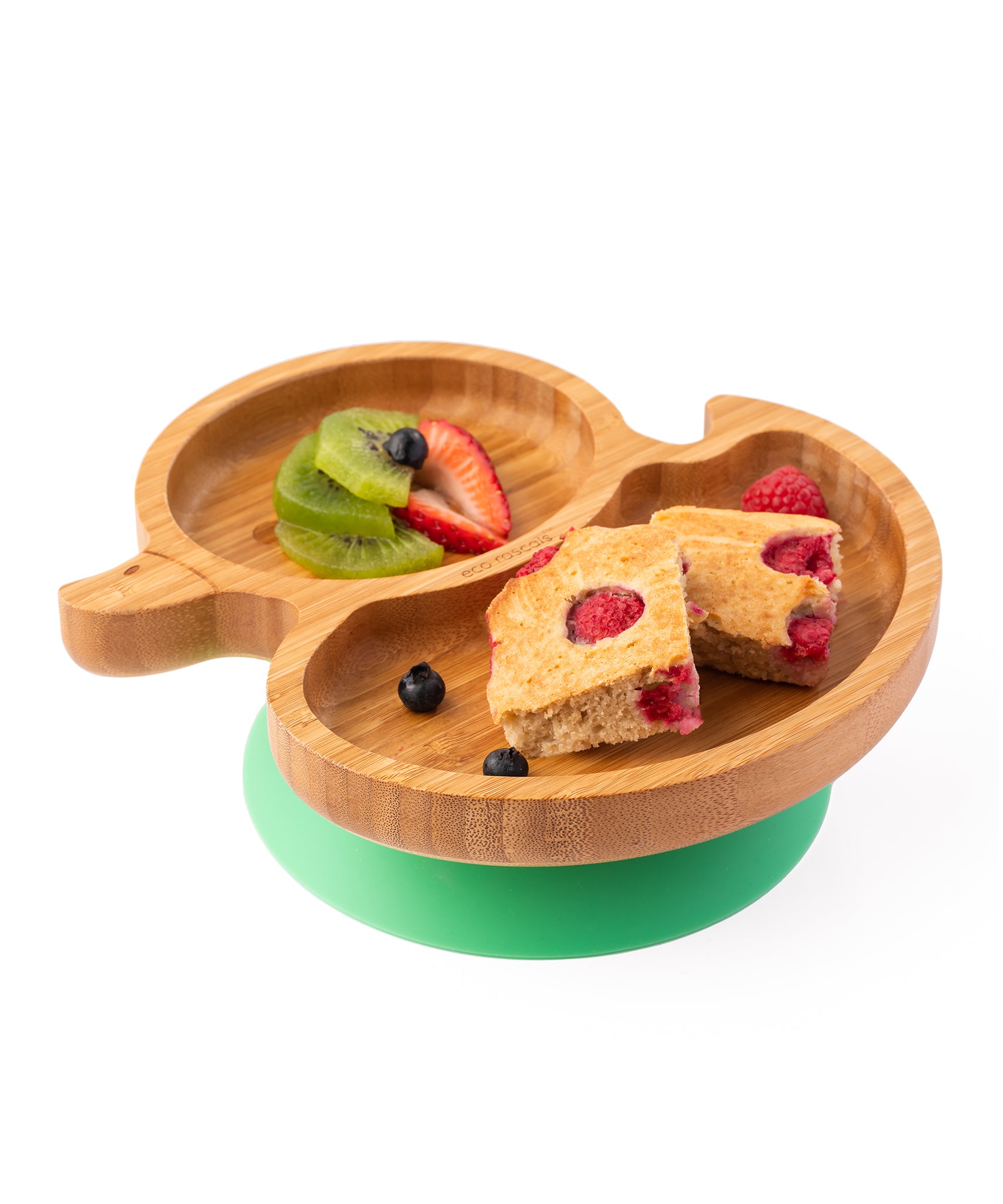 Eco Rascals Duck Bamboo Suction Plate, with fresh fruit and raspberry loaf.