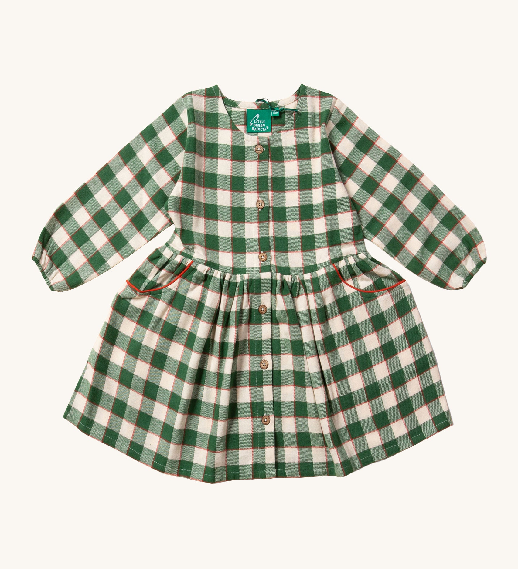 Little Green Radicals Check Pocket Dress - Fern Green. A beautiful green check pattern dress, with buttons down the front, and pockets on the sides with red piping