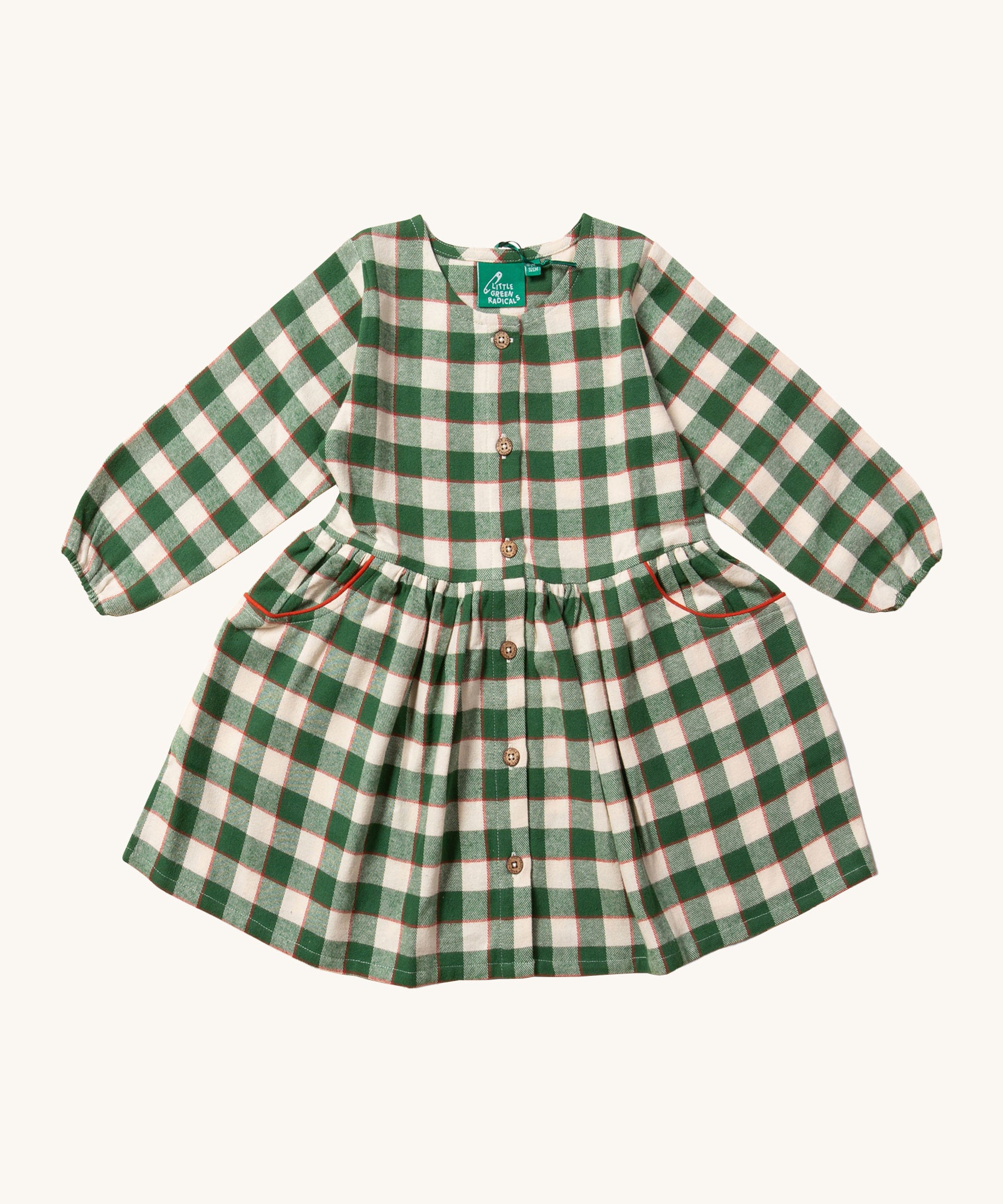 Little Green Radicals Check Pocket Dress - Fern Green. A beautiful green check pattern dress, with buttons down the front, and pockets on the sides with red piping