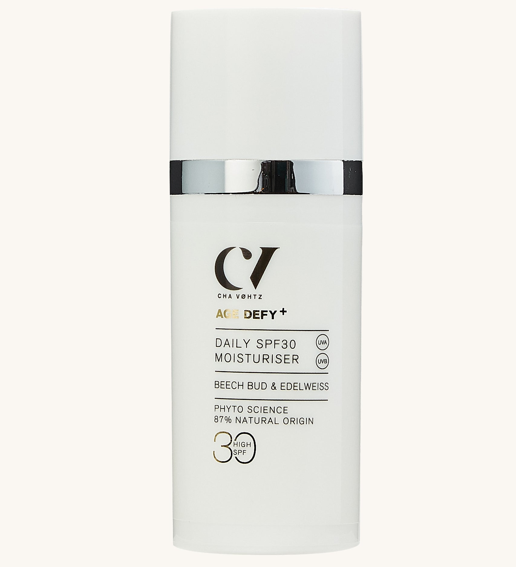 Green People Age Defy+ Daily SPF30 Moisturiser - 30ml is in a white cylindrical tube on a cream background