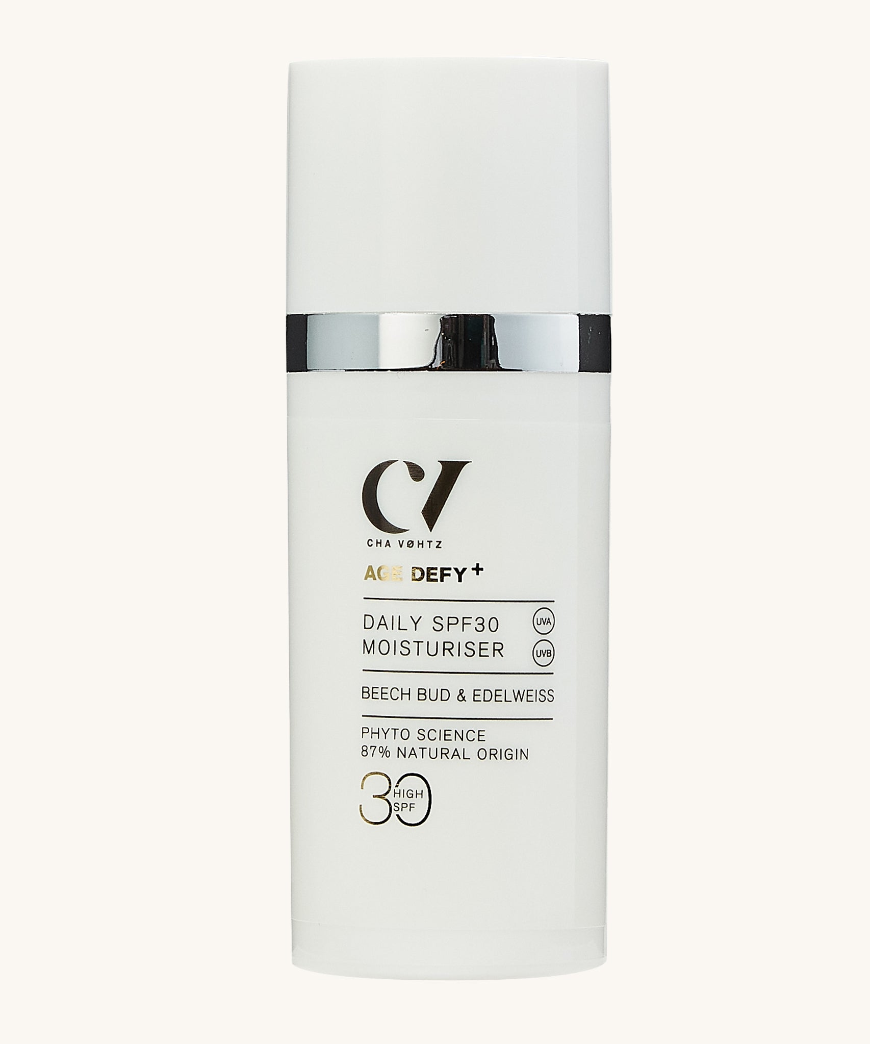 Green People Age Defy+ Daily SPF30 Moisturiser - 30ml is in a white cylindrical tube on a cream background