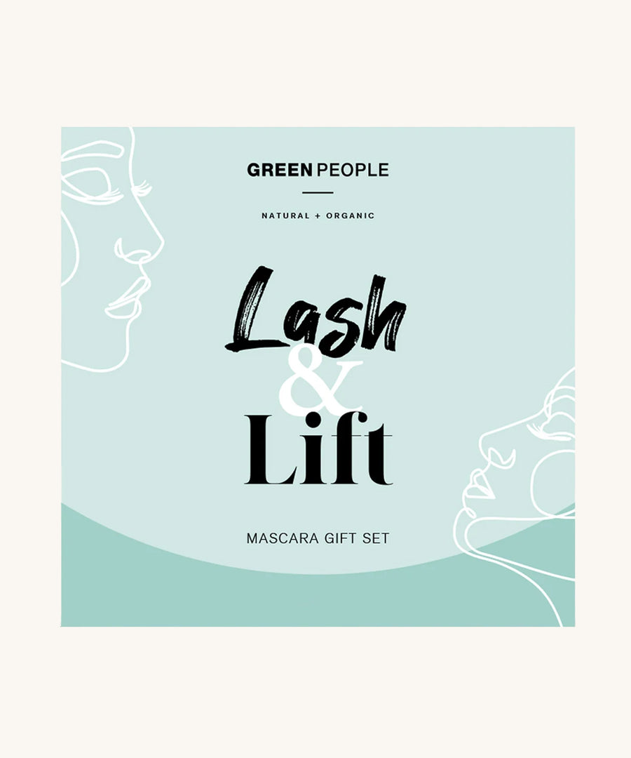 The Green People Lash & Lift Mascara Gift Set Box, is a blue/green box with drawn on line art faces, on a cream background