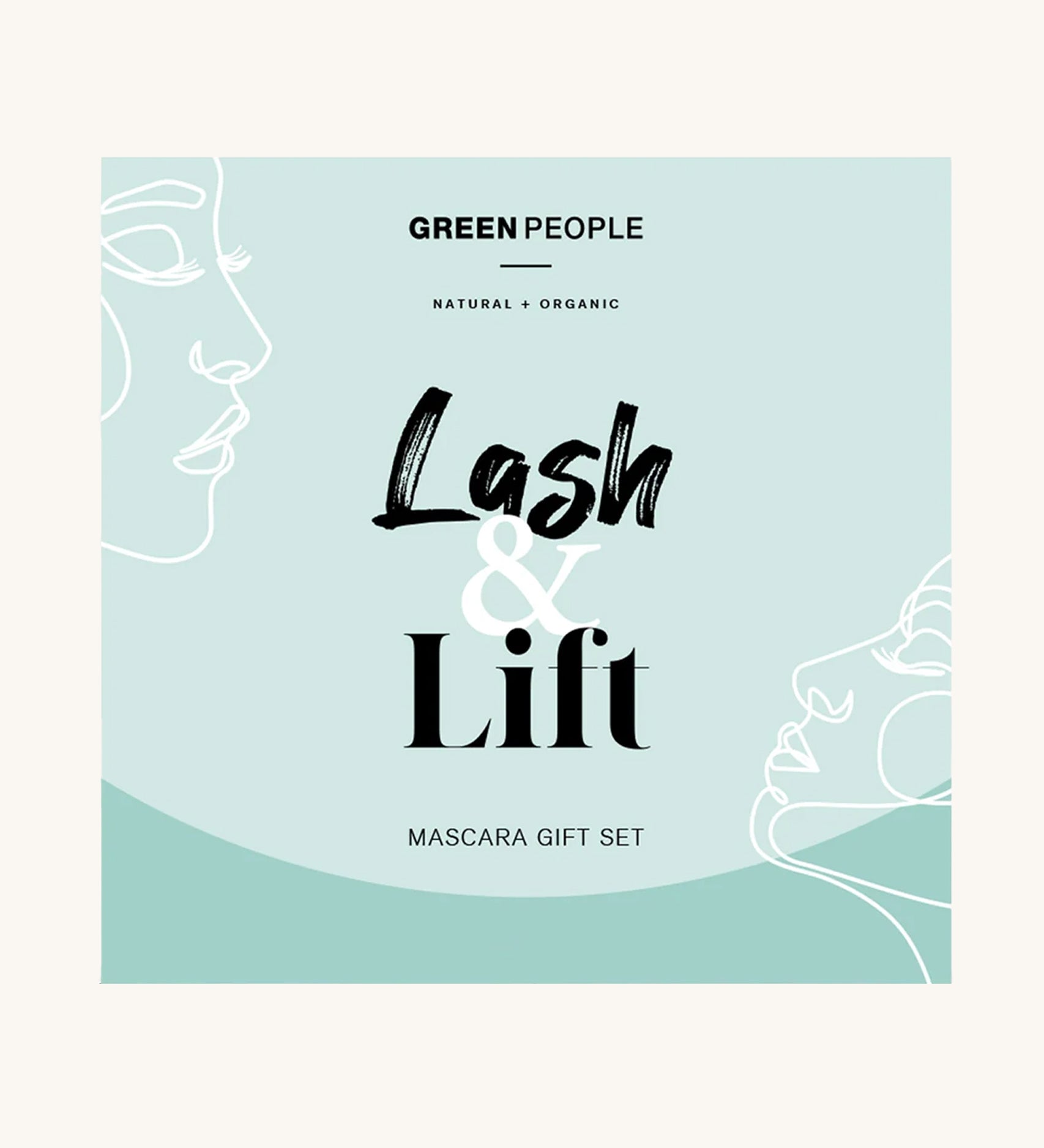 The Green People Lash & Lift Mascara Gift Set Box, is a blue/green box with drawn on line art faces, on a cream background