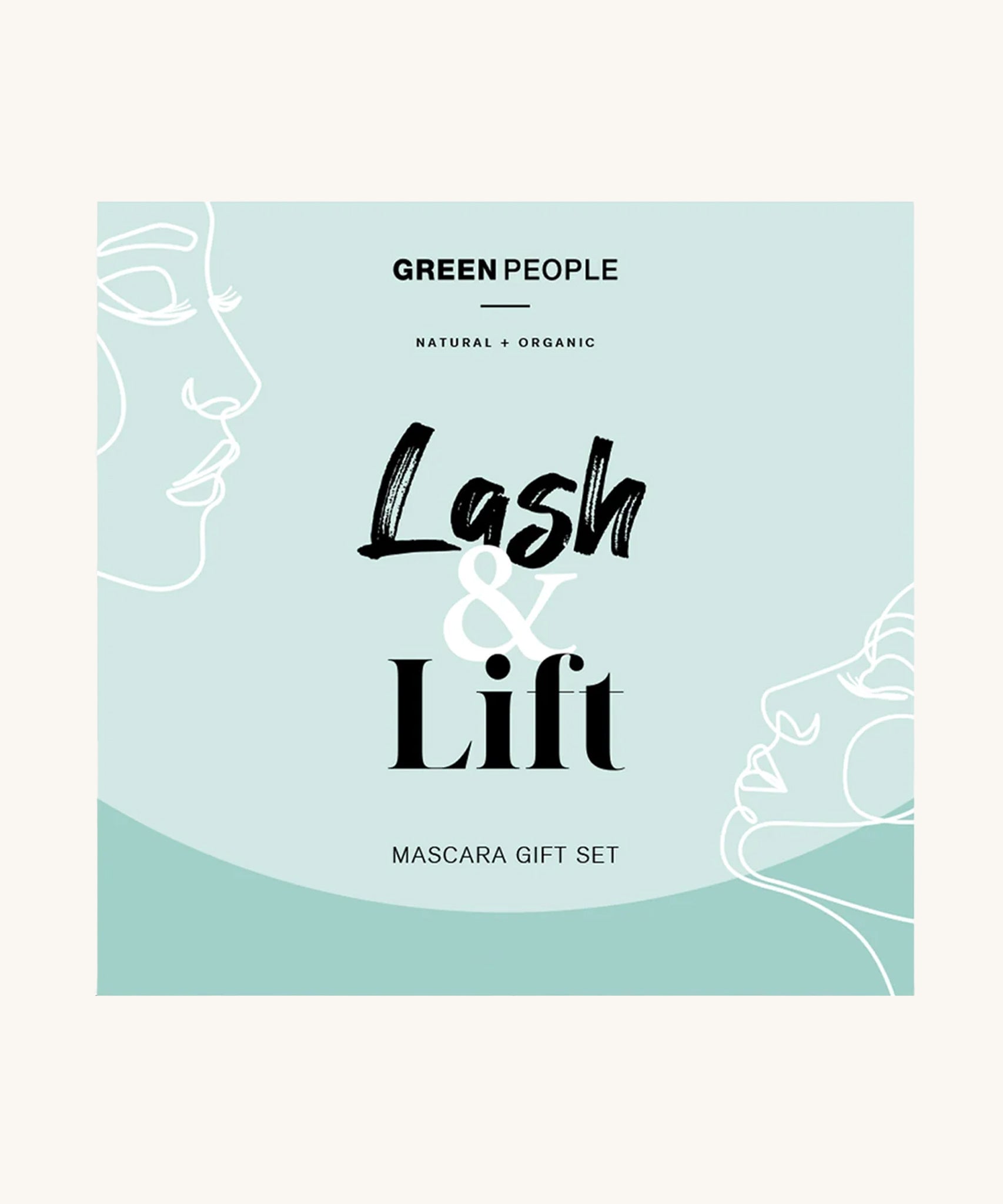 The Green People Lash & Lift Mascara Gift Set Box, is a blue/green box with drawn on line art faces, on a cream background