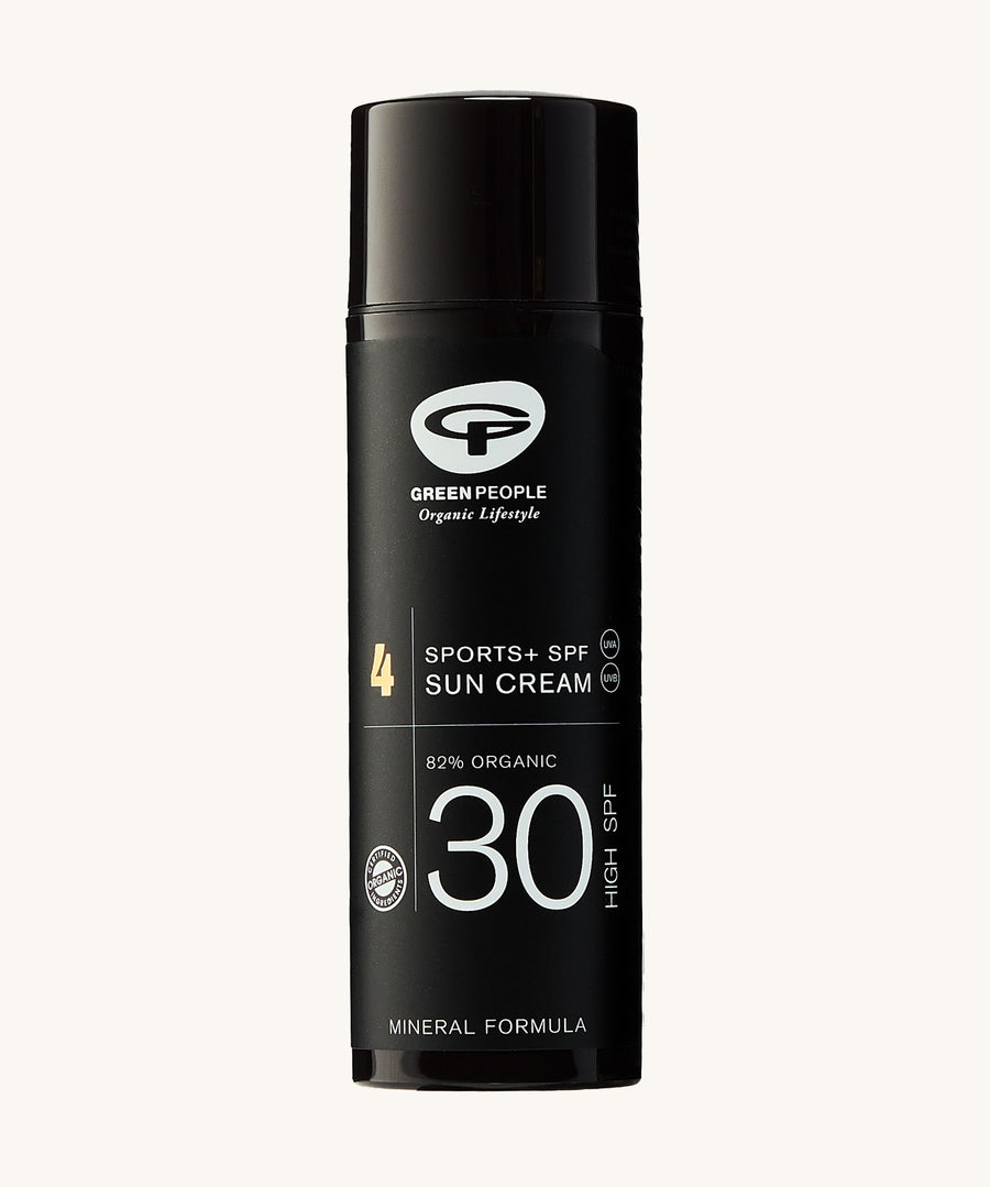 Green People Sports SPF30 Mineral Facial Sun Cream 50ml. This mineral sun cream is in a black, cylindrical tube on a cream background