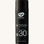 Green People Sports SPF30 Mineral Facial Sun Cream 50ml. This mineral sun cream is in a black, cylindrical tube on a cream background