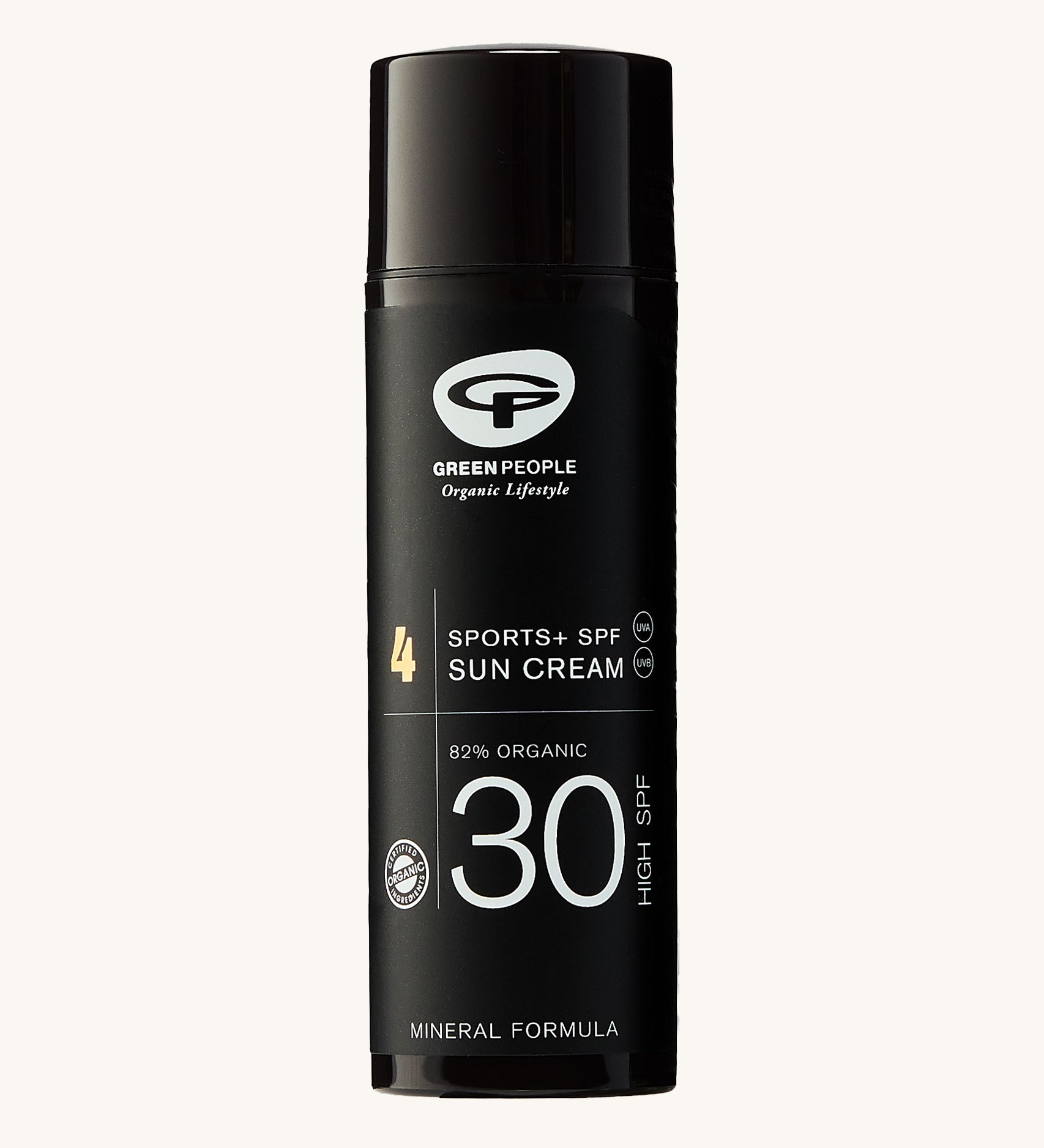 Green People Sports SPF30 Mineral Facial Sun Cream 50ml. This mineral sun cream is in a black, cylindrical tube on a cream background