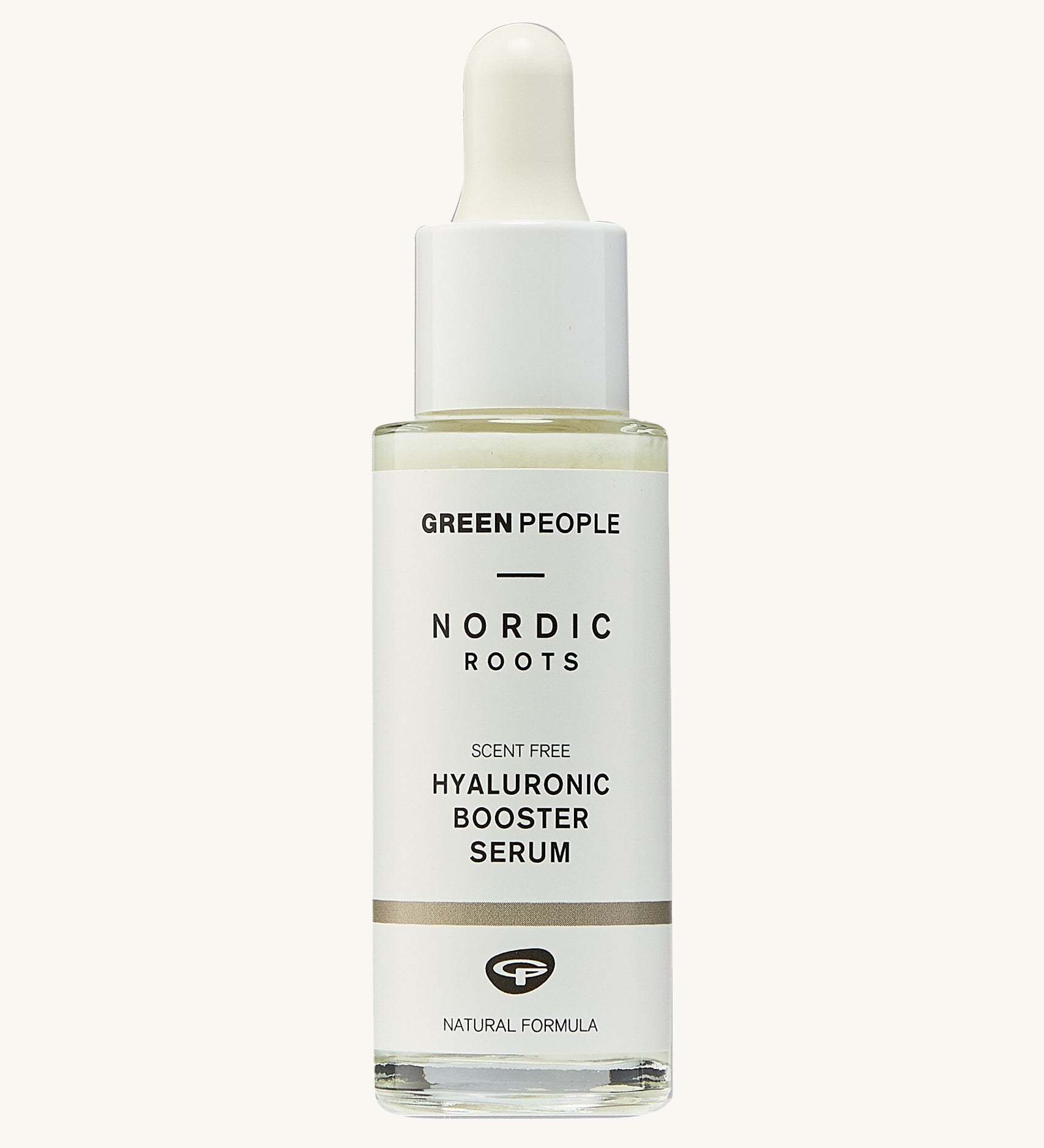 Green People Nordic Roots Hyaluronic Booster Serum - 28ml, is in a glass bottle with a white label, and a white dropper lid. The image is on a cream background