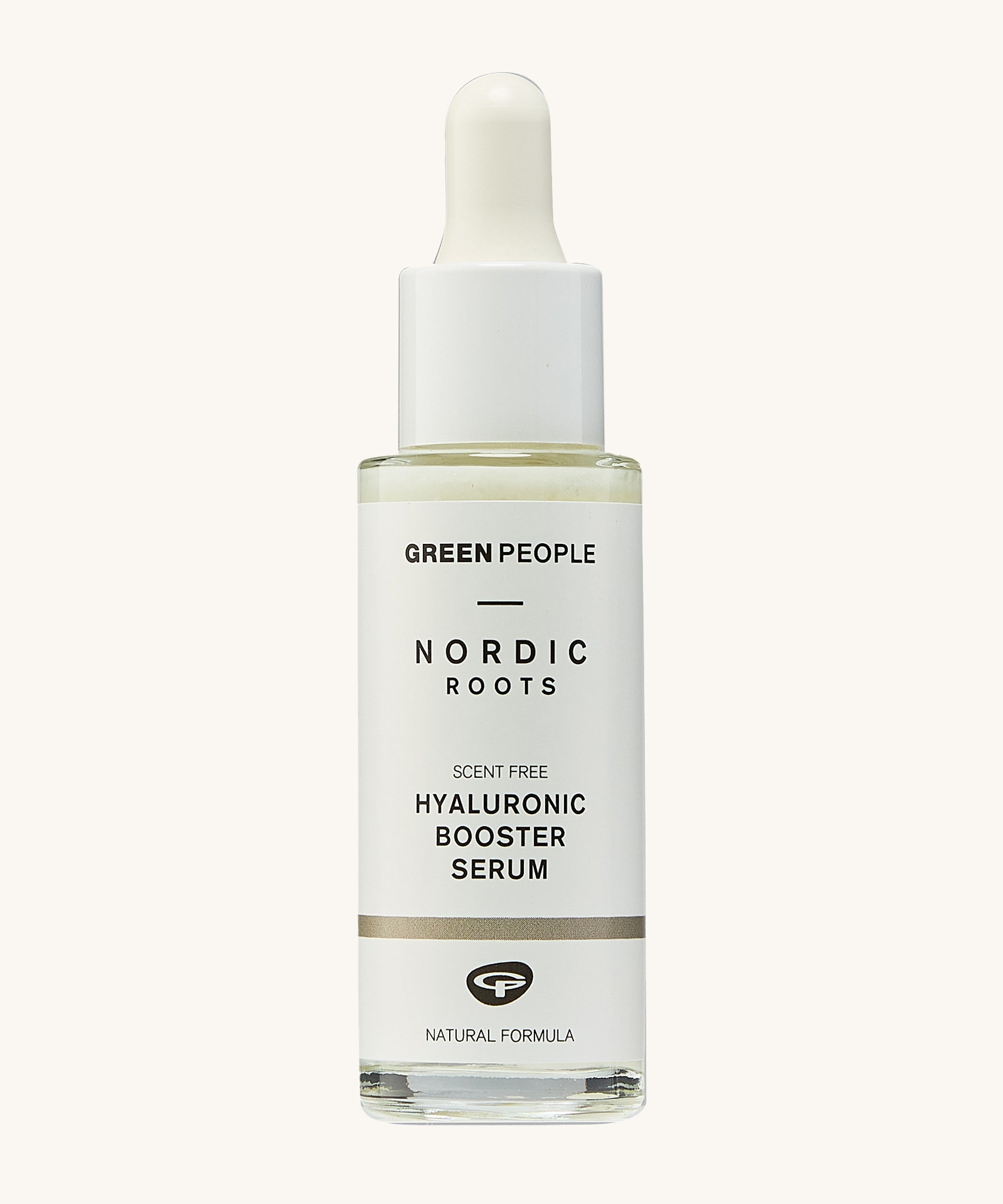 Green People Nordic Roots Hyaluronic Booster Serum - 28ml, is in a glass bottle with a white label, and a white dropper lid. The image is on a cream background