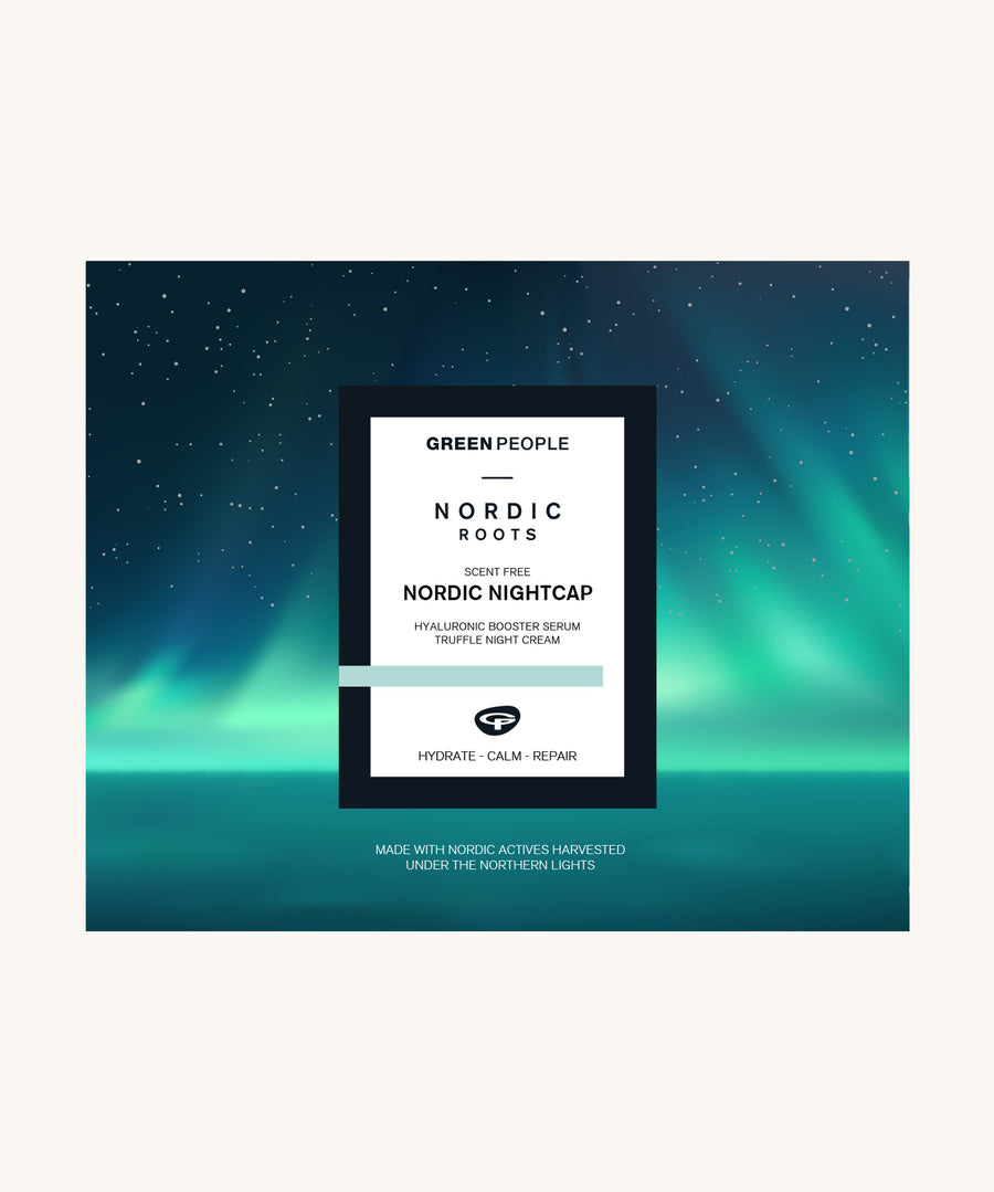 Green People Nordic Nightcap Skincare Gift Set Box. The box has an image of the Northern Lights and starry night sky on the front