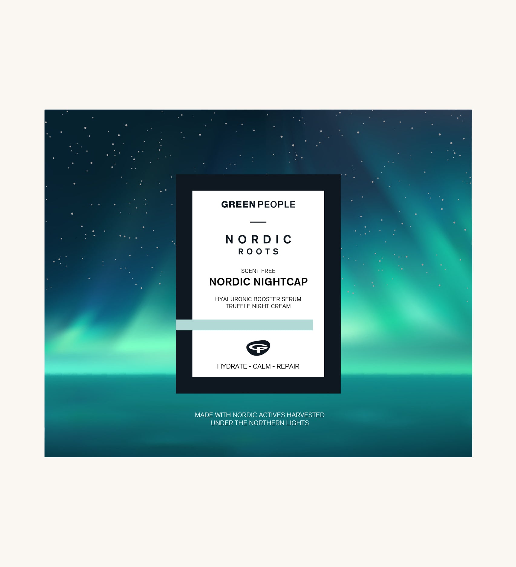 Green People Nordic Nightcap Skincare Gift Set Box. The box has an image of the Northern Lights and starry night sky on the front