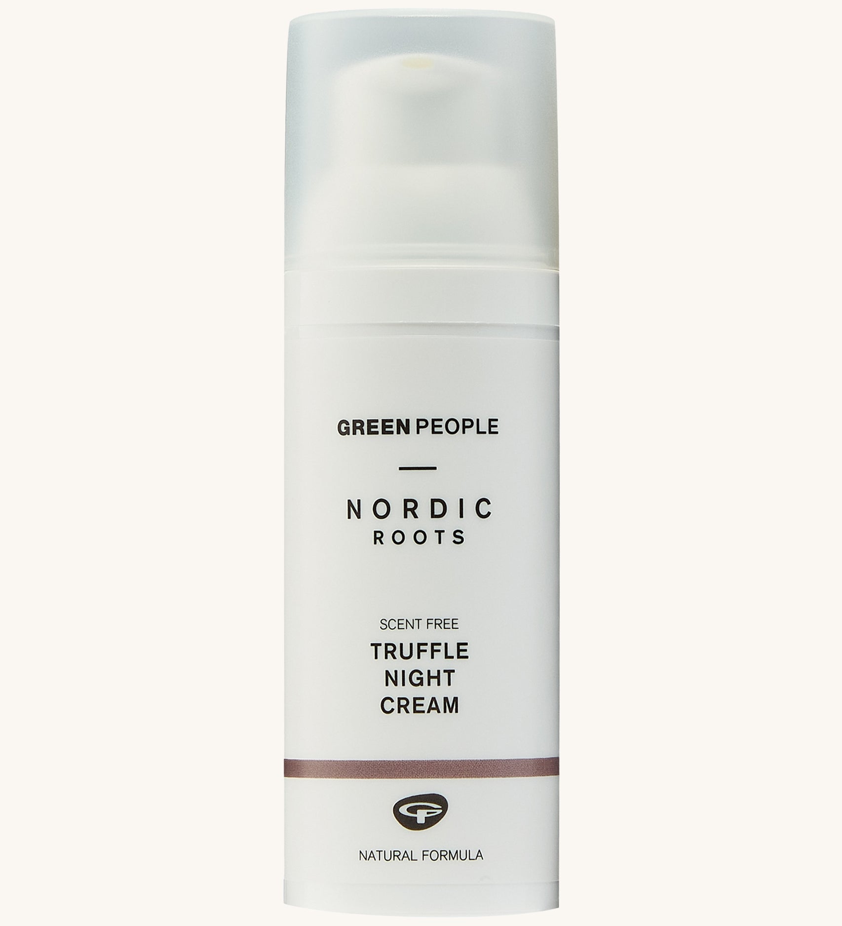 Green People Nordic Roots Truffle Night Cream is in a white tube, with a small purple/brown stripe at the bottom and is on a cream background