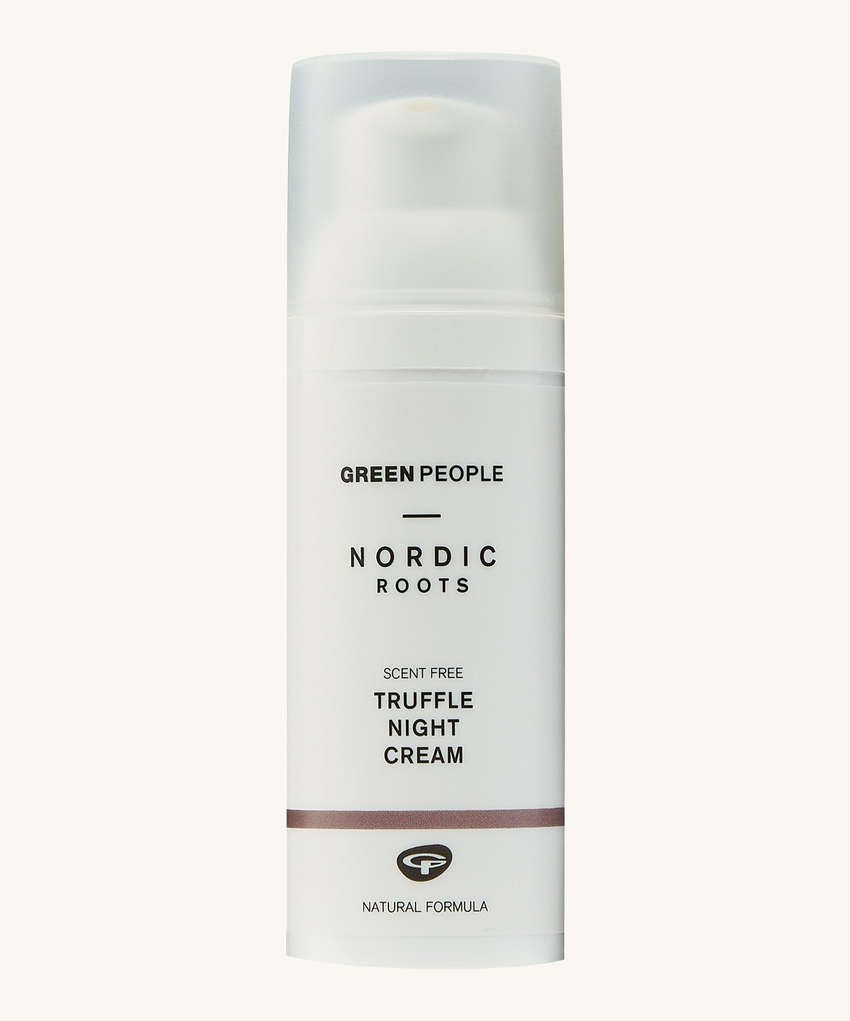 Green People Nordic Roots Truffle Night Cream is in a white tube, with a small purple/brown stripe at the bottom and is on a cream background