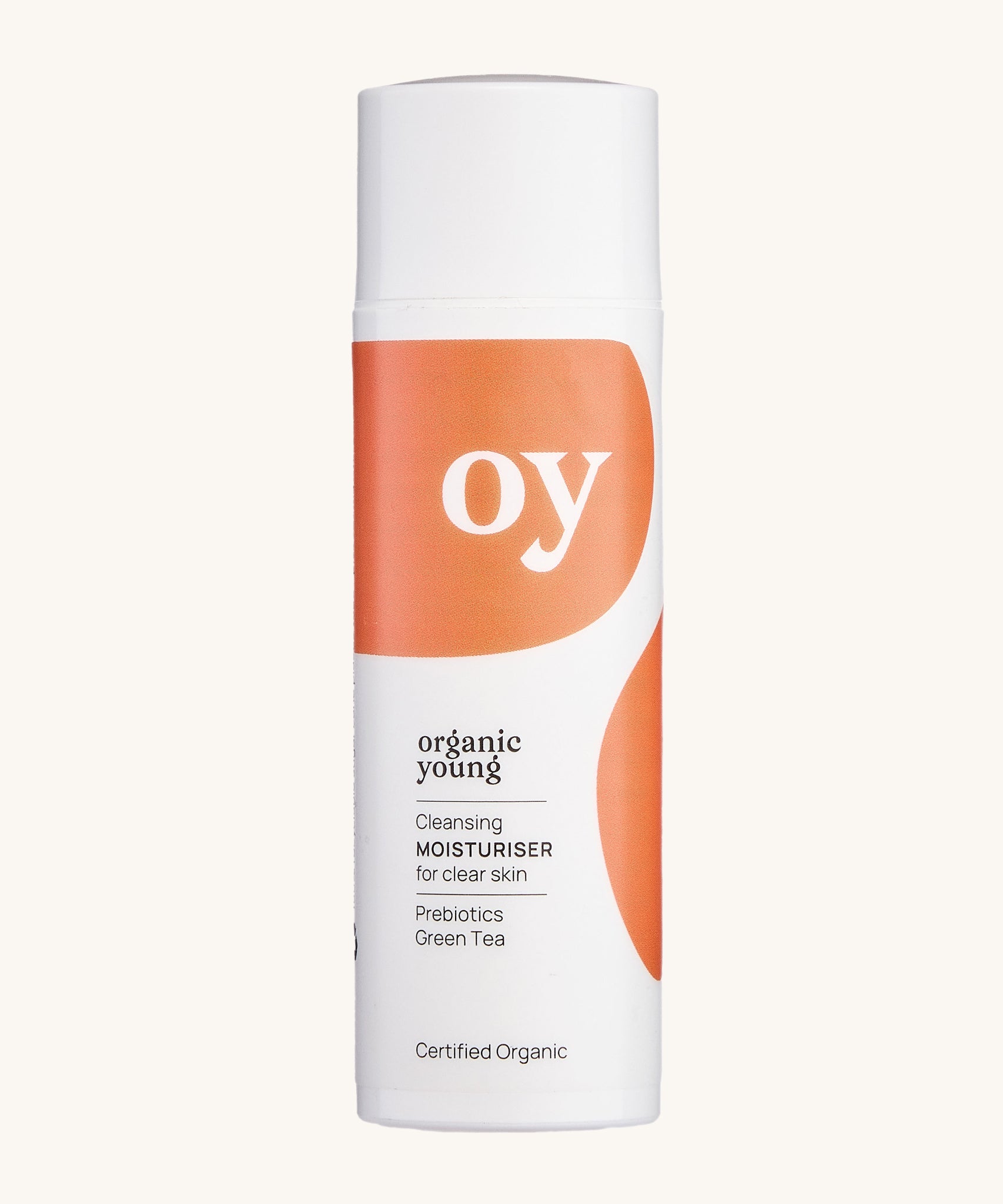 The Oy organic cleaning moisturiser for clear skin with prebiotics and green tea, on a cream background