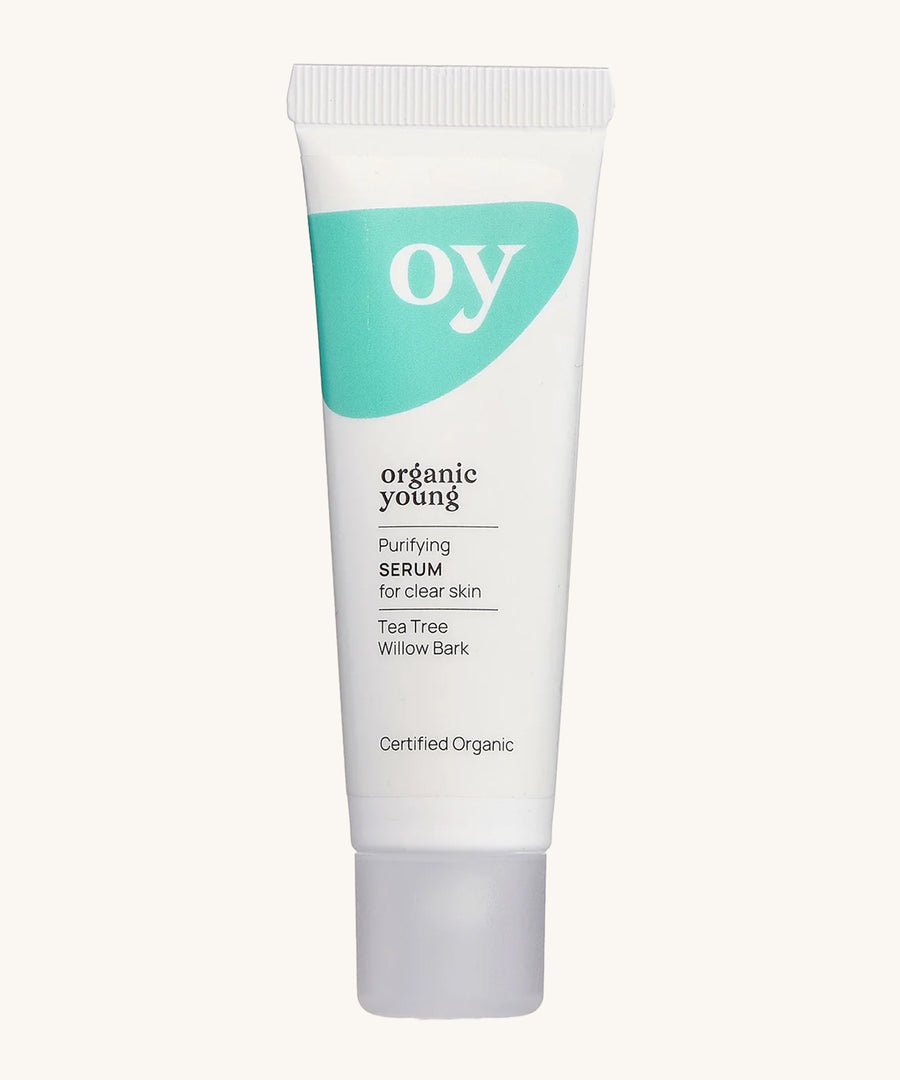 Green People OY! Organic Teen Purifying Serum - 30ml ina white tube, with a green wavy pattern on a cream background