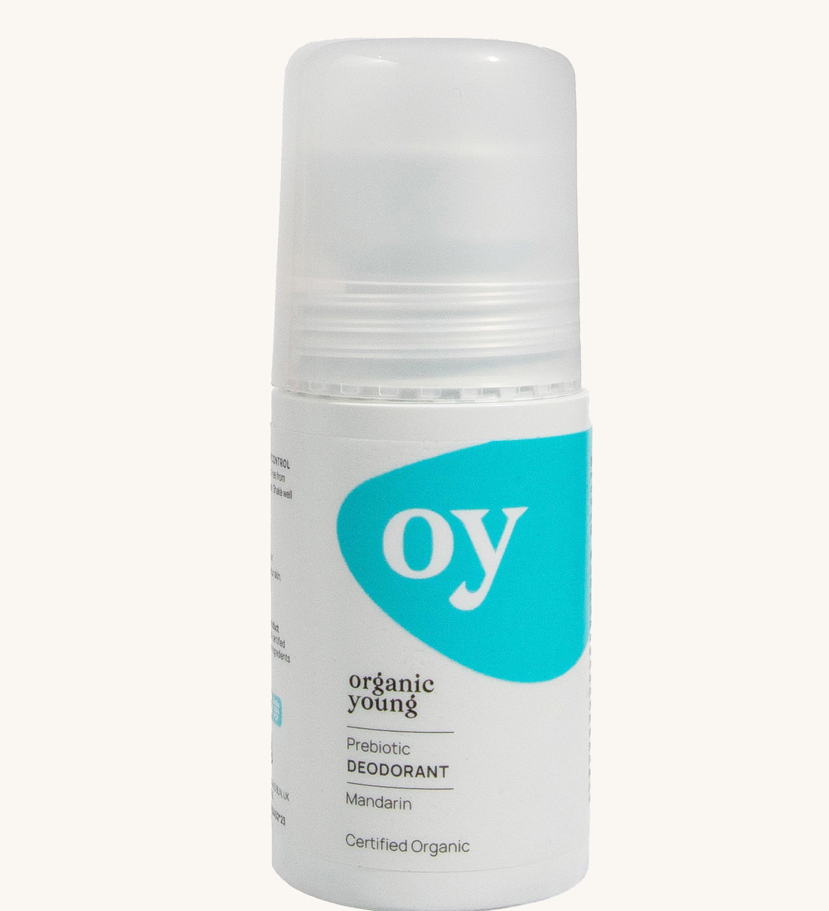 Green People OY! Organic Teen Deodorant - 75ml, is in a white roll on tube, which has a blue pattern on the front. The image is on a cream background