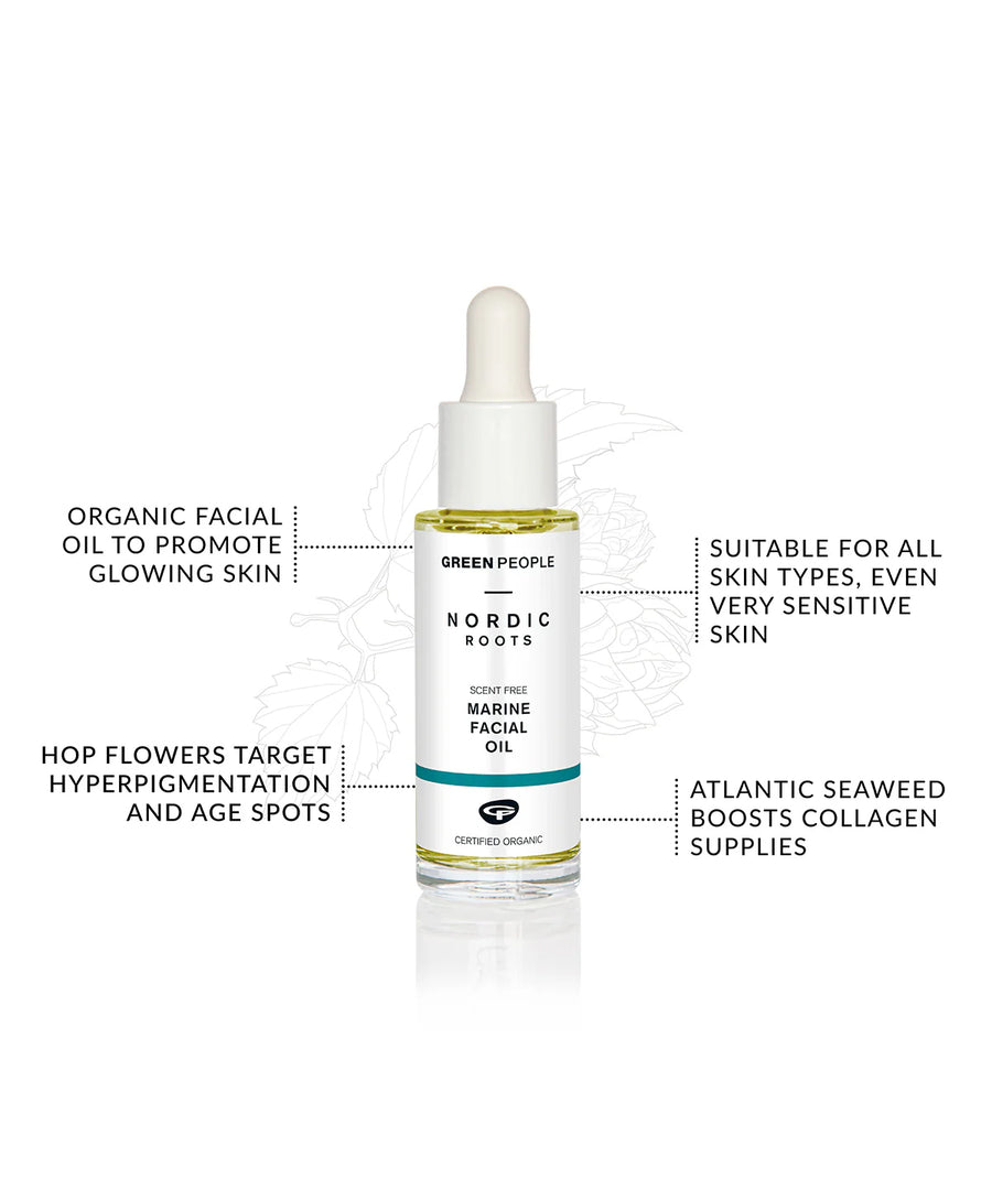 An info-graphic about the Green People Nordic Roots Marine Facial Oil. The text reads "Organic facial oil to promote glowing skin, suitable for all skin types, even very sensitive skin, Atlatic seaweed boots collagen supplies, hop flowers target hyper-pigmentation and age spots"