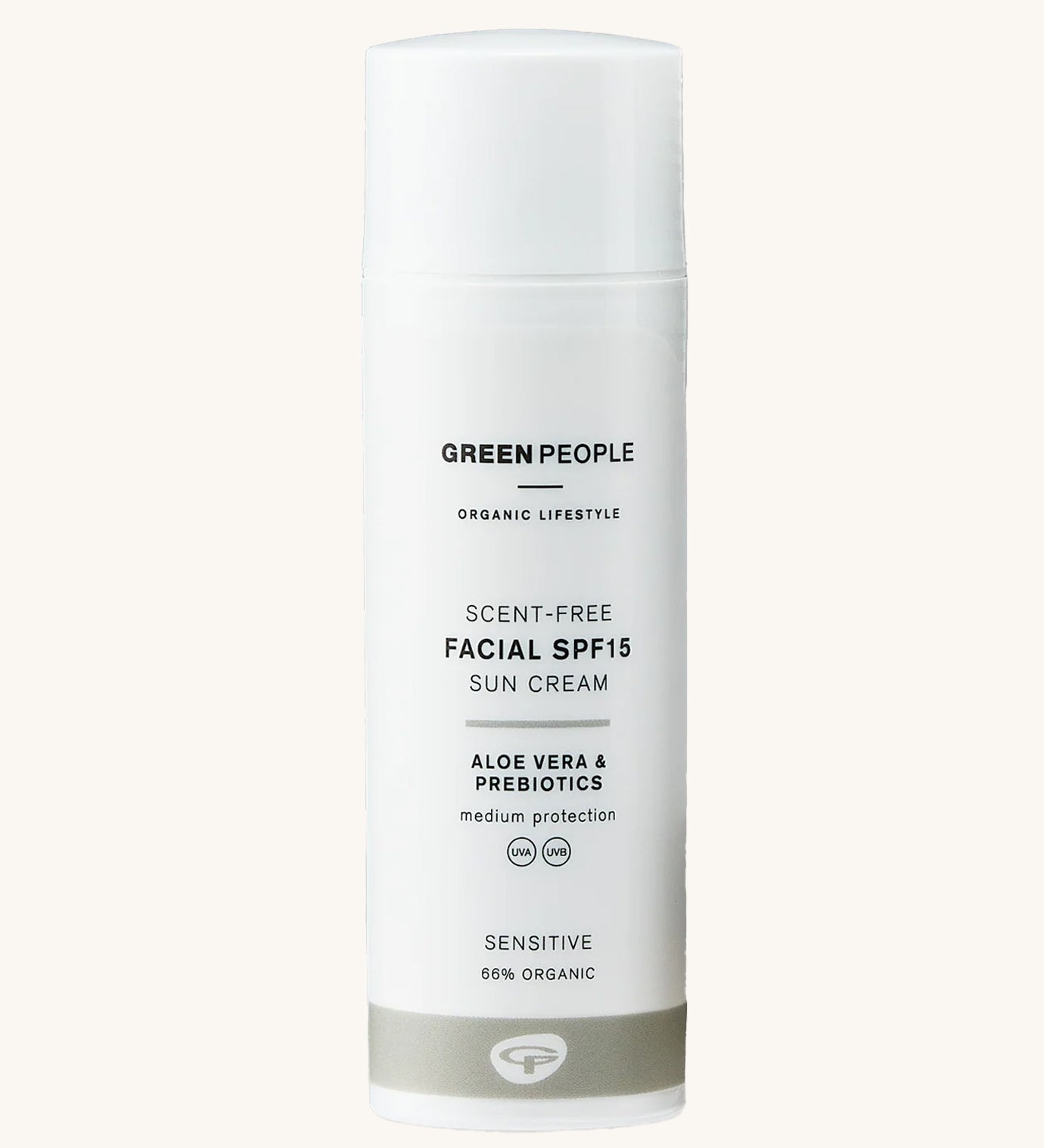 Green People Scent Free Facial SPF15 Sun Cream - 50ml, for sensitive skin, comes in a white tube with a grey stripe on the bottom. The image is on a cream background