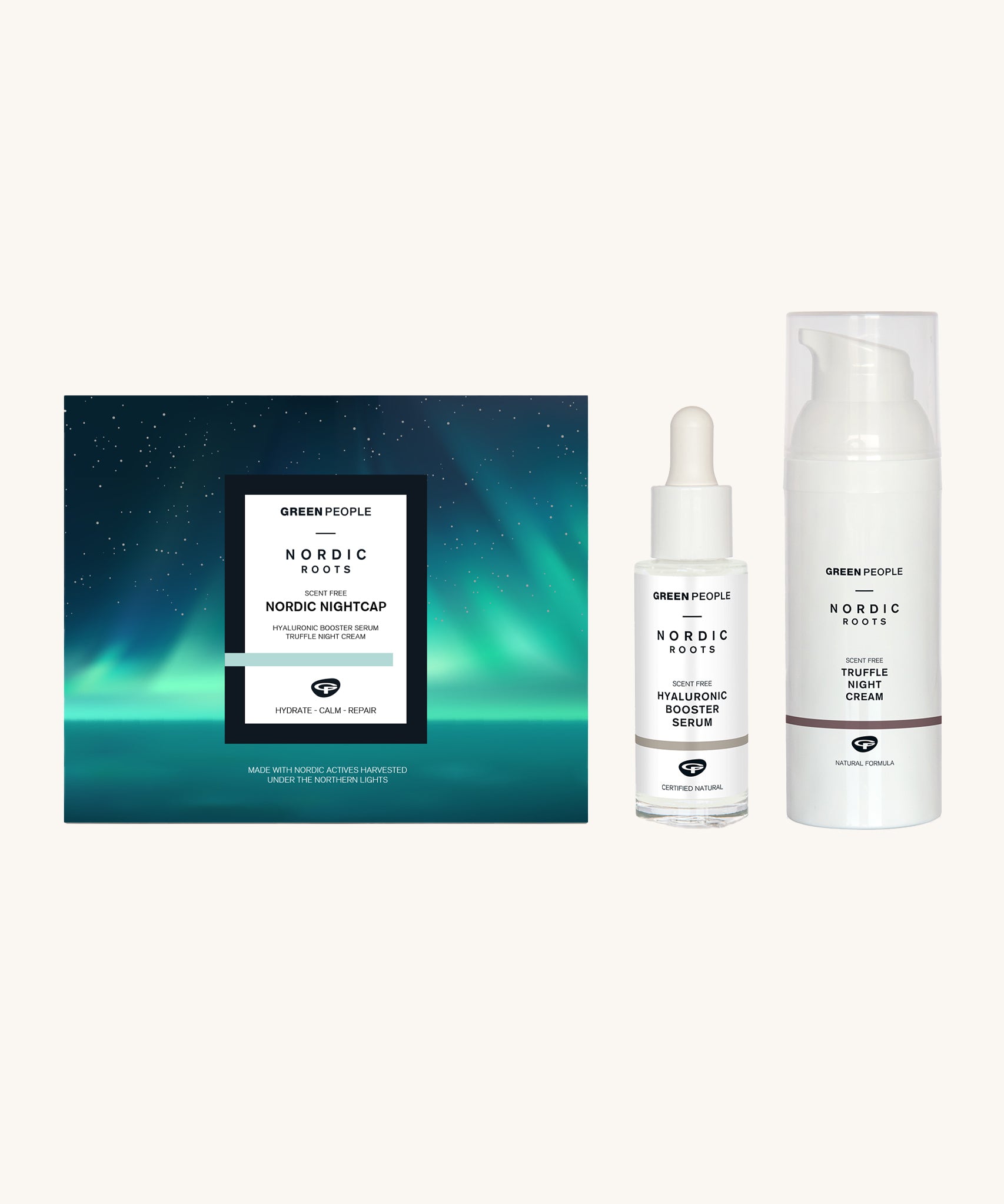 The Green People Hyaluronic Booster Serum, and the Truffle Night Cream next to the Green People Nordic Nightcap Skincare Gift Set Box