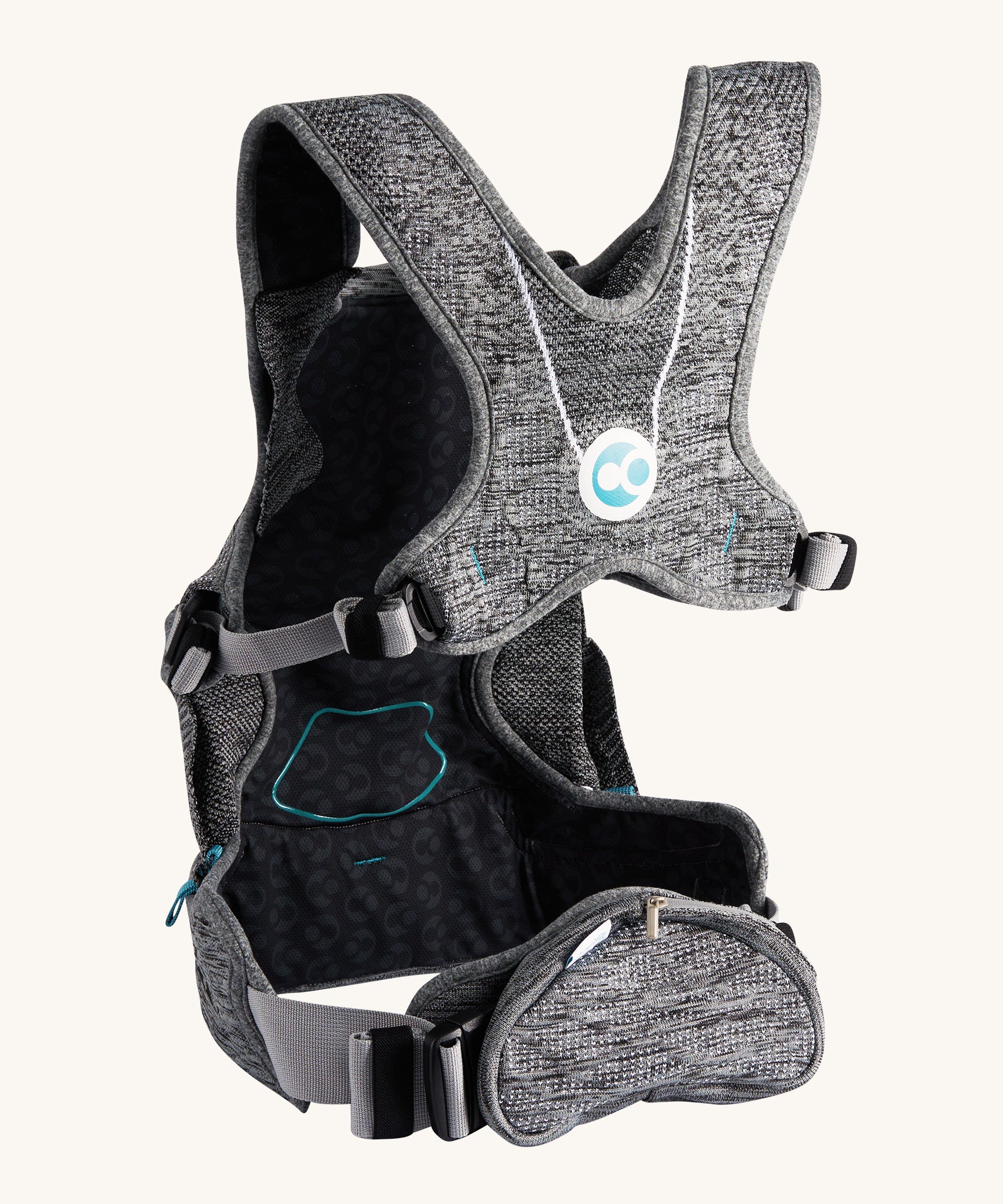 Carifit+ Fabric Baby Carrier in Grey, show from the back, showing the adjustable straps and the zip up storage pouch, on a cream background