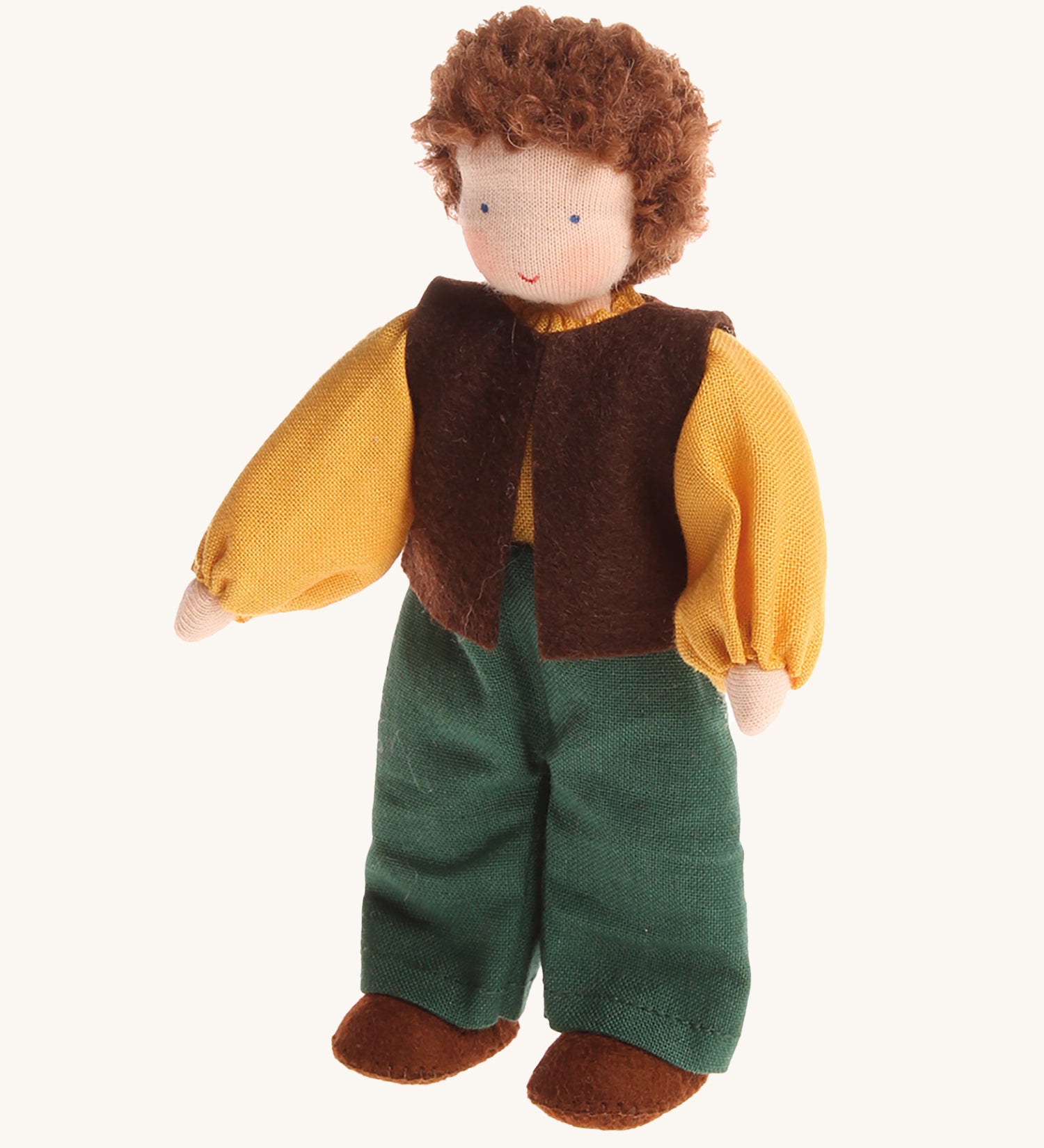 Grimm's Waldorf Brown Haired Man Doll - Erle pictured on a cream background. Erle is a handmade, fabric doll and has light brown hair, green trousers, a yellow top and a brown sleeveless jacket.