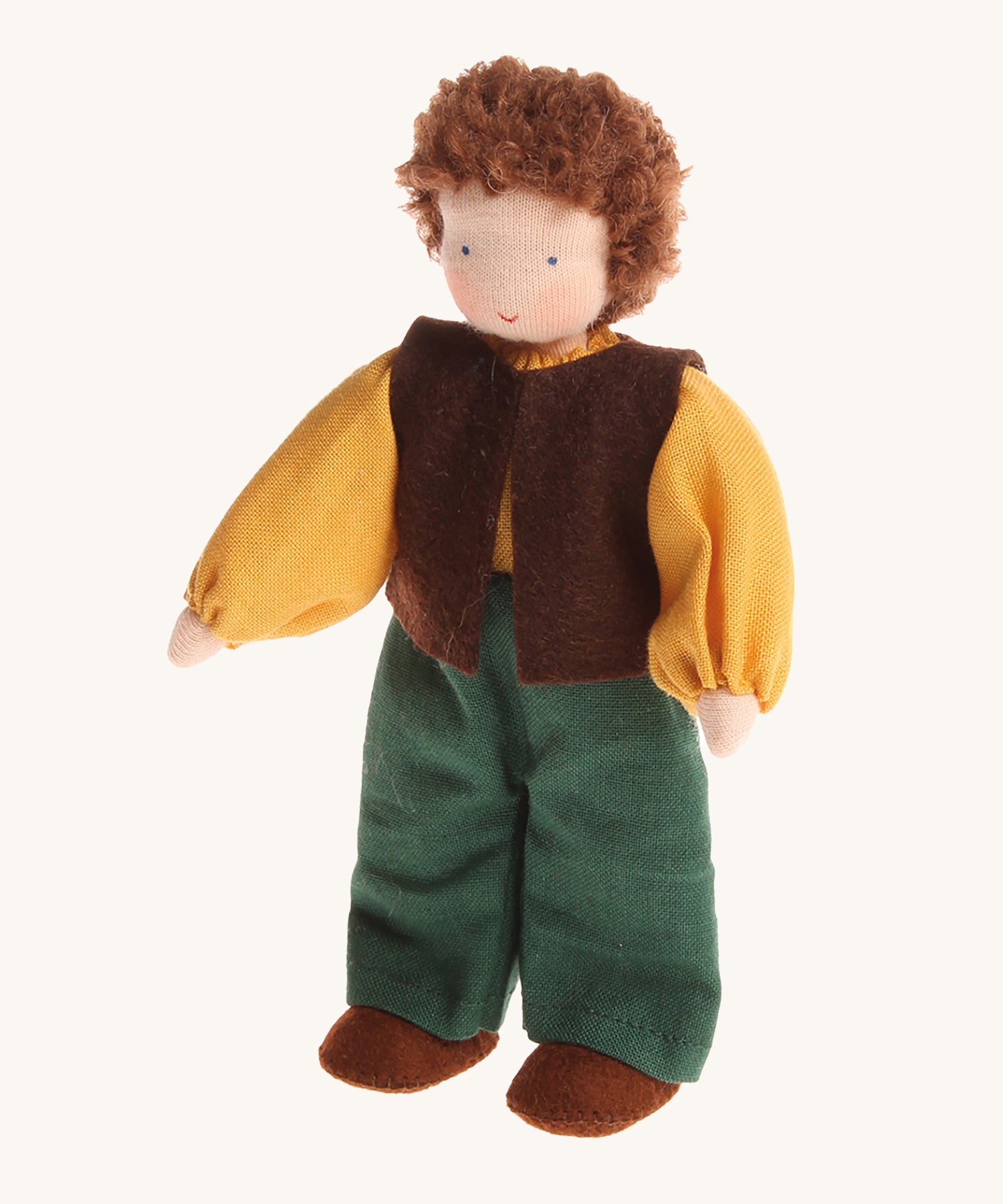 Grimm's Waldorf Brown Haired Man Doll - Erle pictured on a cream background. Erle is a handmade, fabric doll and has light brown hair, green trousers, a yellow top and a brown sleeveless jacket.