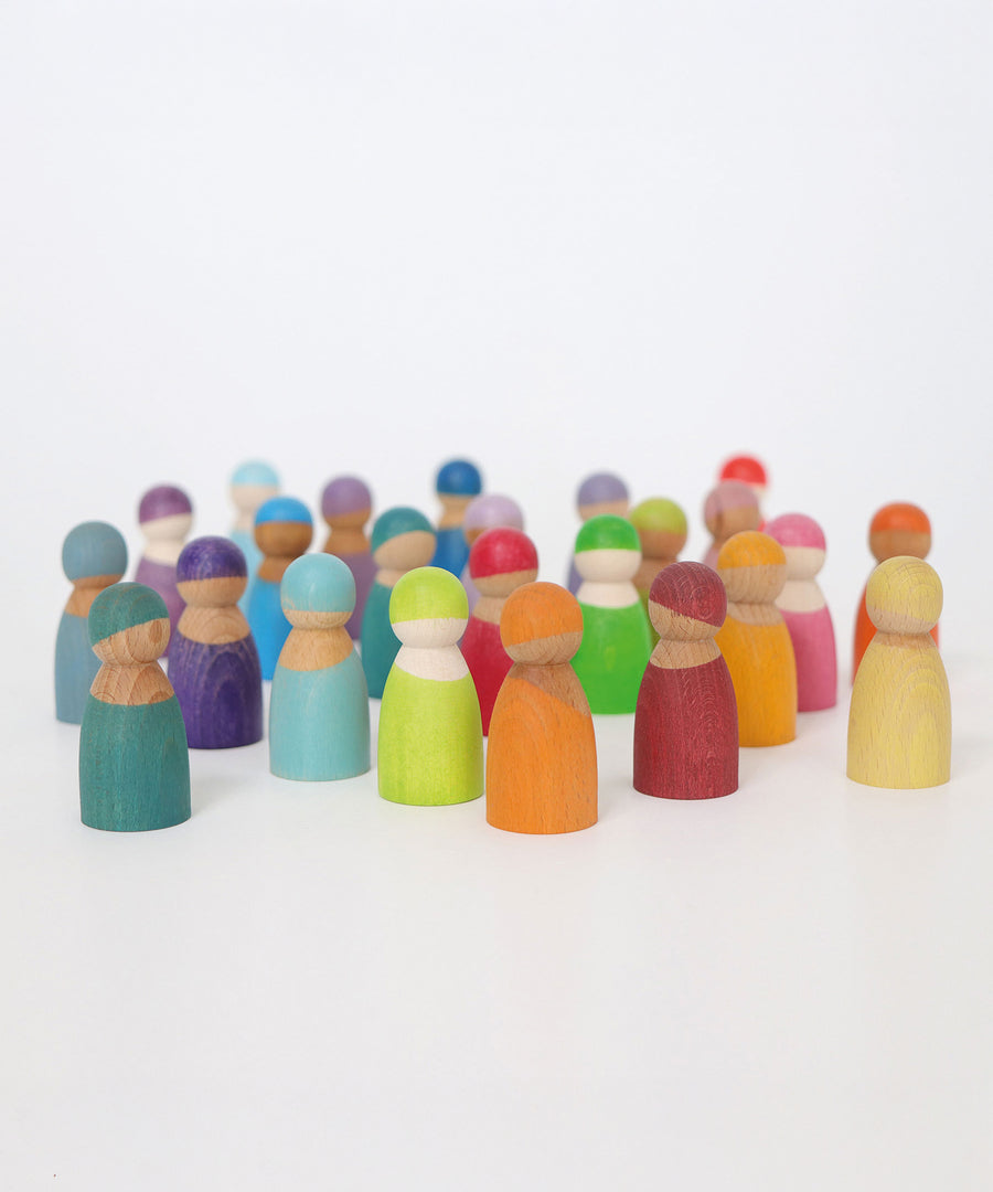 Grimm's 12 Pastel Friends and Grimm's Rainbow Friends mixed together. These wooden, small world play, open ended toys are the perfect size for little hands, and have a smooth rounded texture