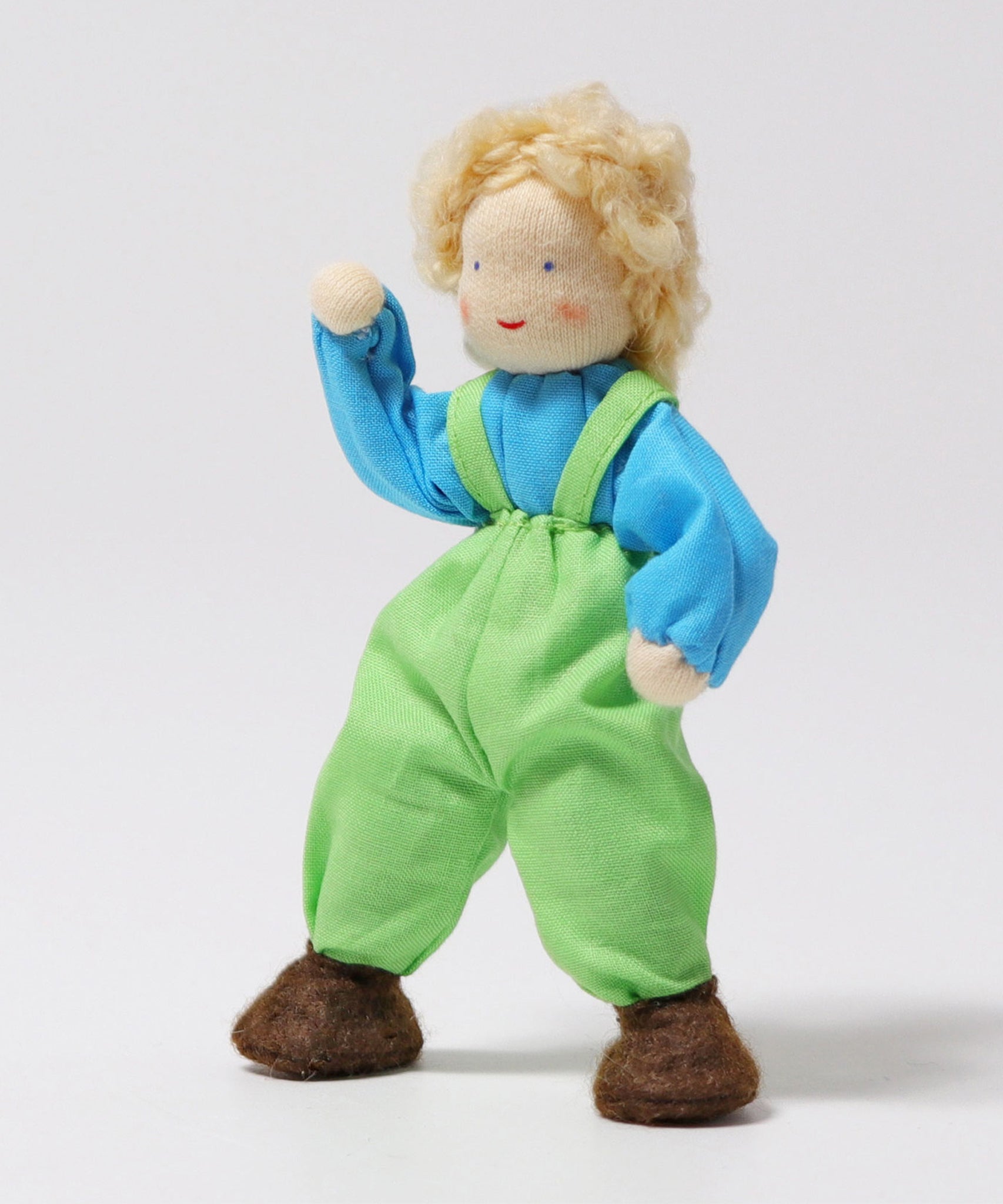 Grimm's Blond Boy Doll - Linde with its legs apart, one arm bent up and one arm bent down to show the movement in the dolls arms and legs