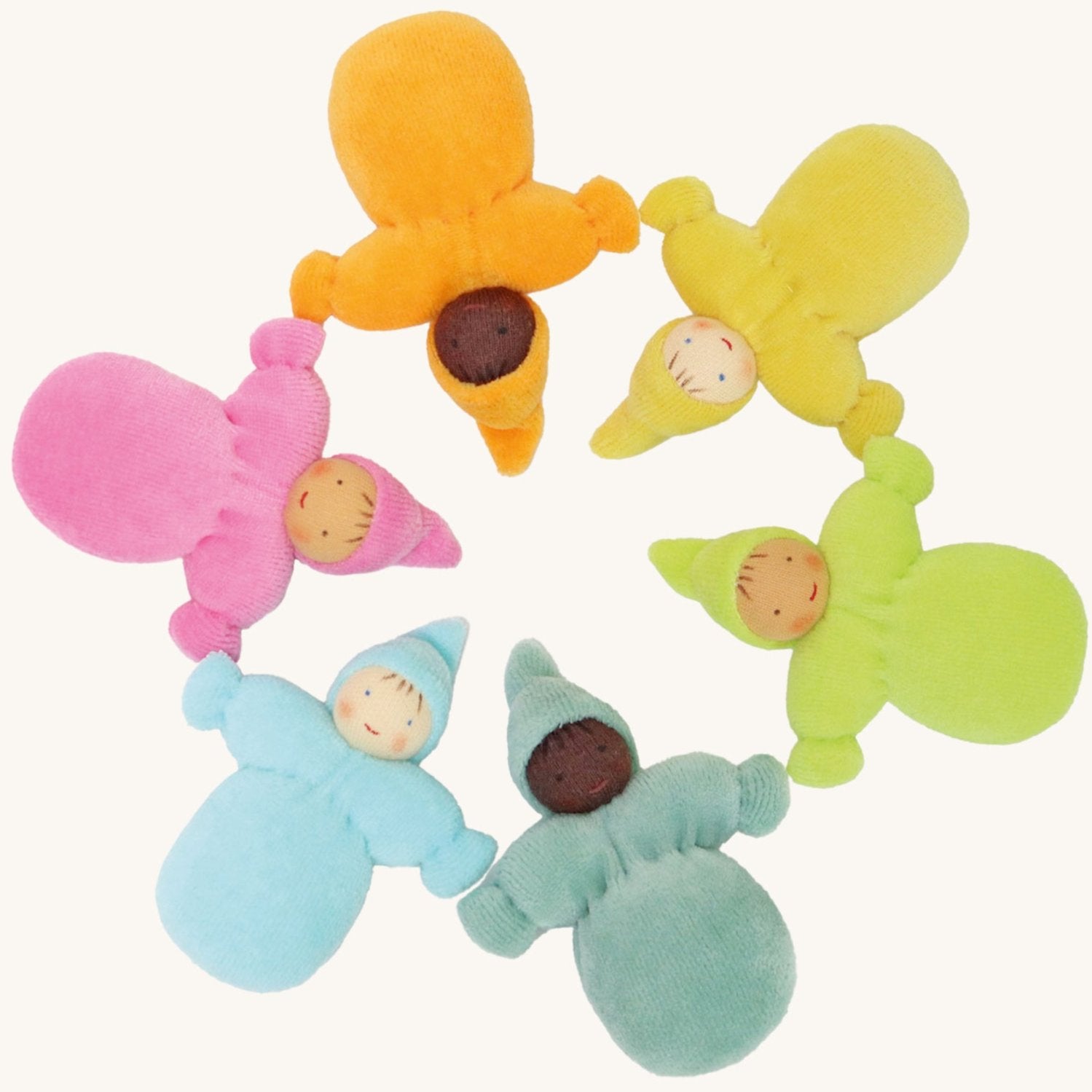 Grimm's Pastel Dwarfs, placed in a circle. Each doll is one colour of the rainbow and is light blue, teal, green, yellow and pink. Each doll has a warm smiling face and a pointed hat. The image is on a cream background