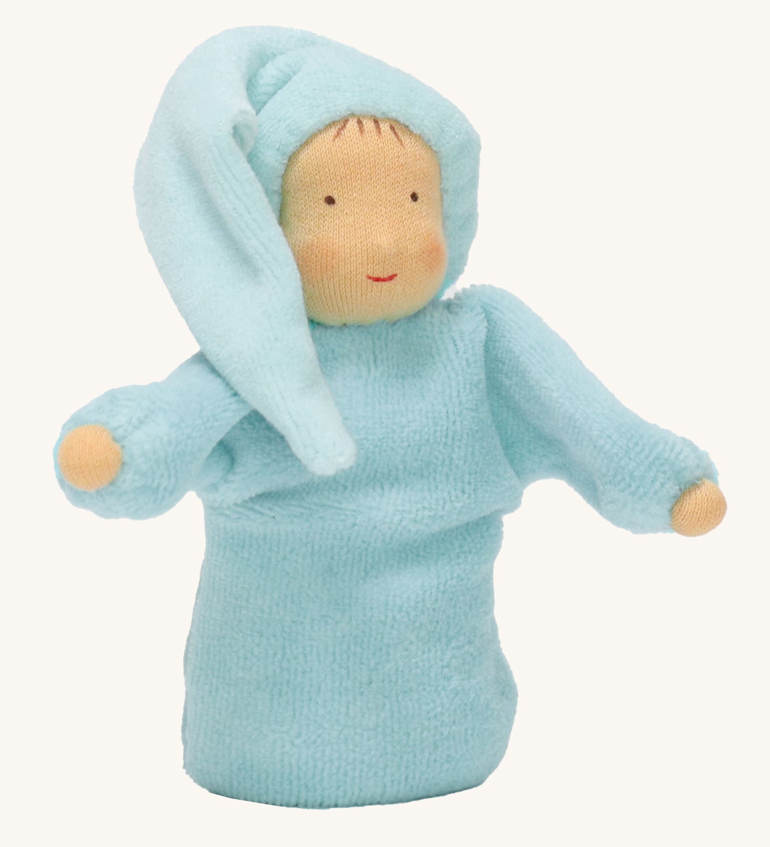 Grimm's Lavender Doll Aqua, is a lovely little waldorf, soft body and handmade doll with a light blue body, pale skin, a smiling face and a light blue night cap. The image is on a cream background