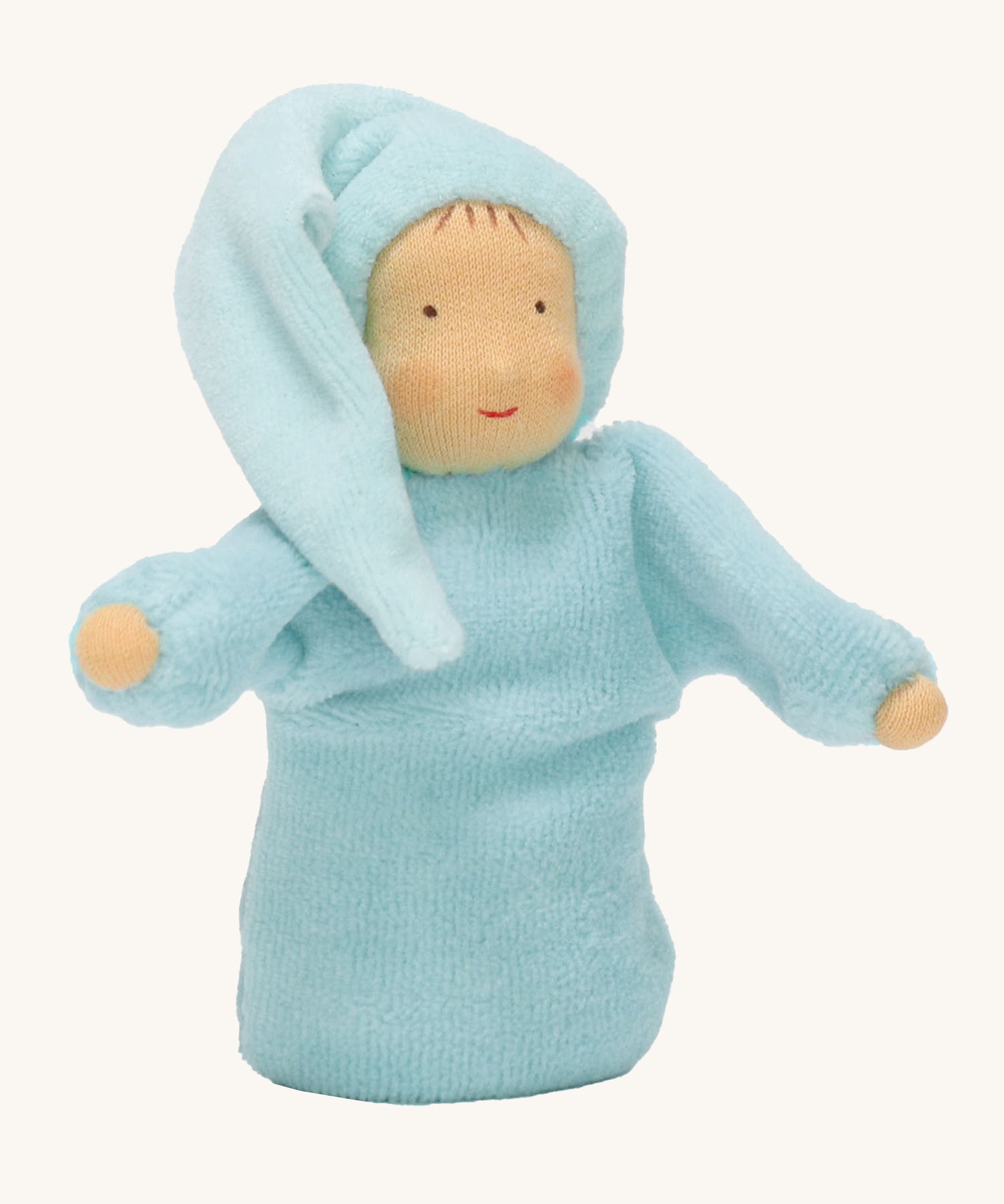 Grimm's Lavender Doll Aqua, is a lovely little waldorf, soft body and handmade doll with a light blue body, pale skin, a smiling face and a light blue night cap. The image is on a cream background