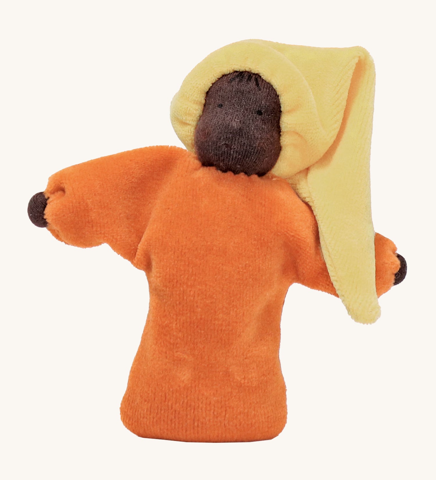 Grimm's Lavender Doll Sun is a lovely little waldorf doll with an orange body, yellow hat and black skin. The image is on a cream background