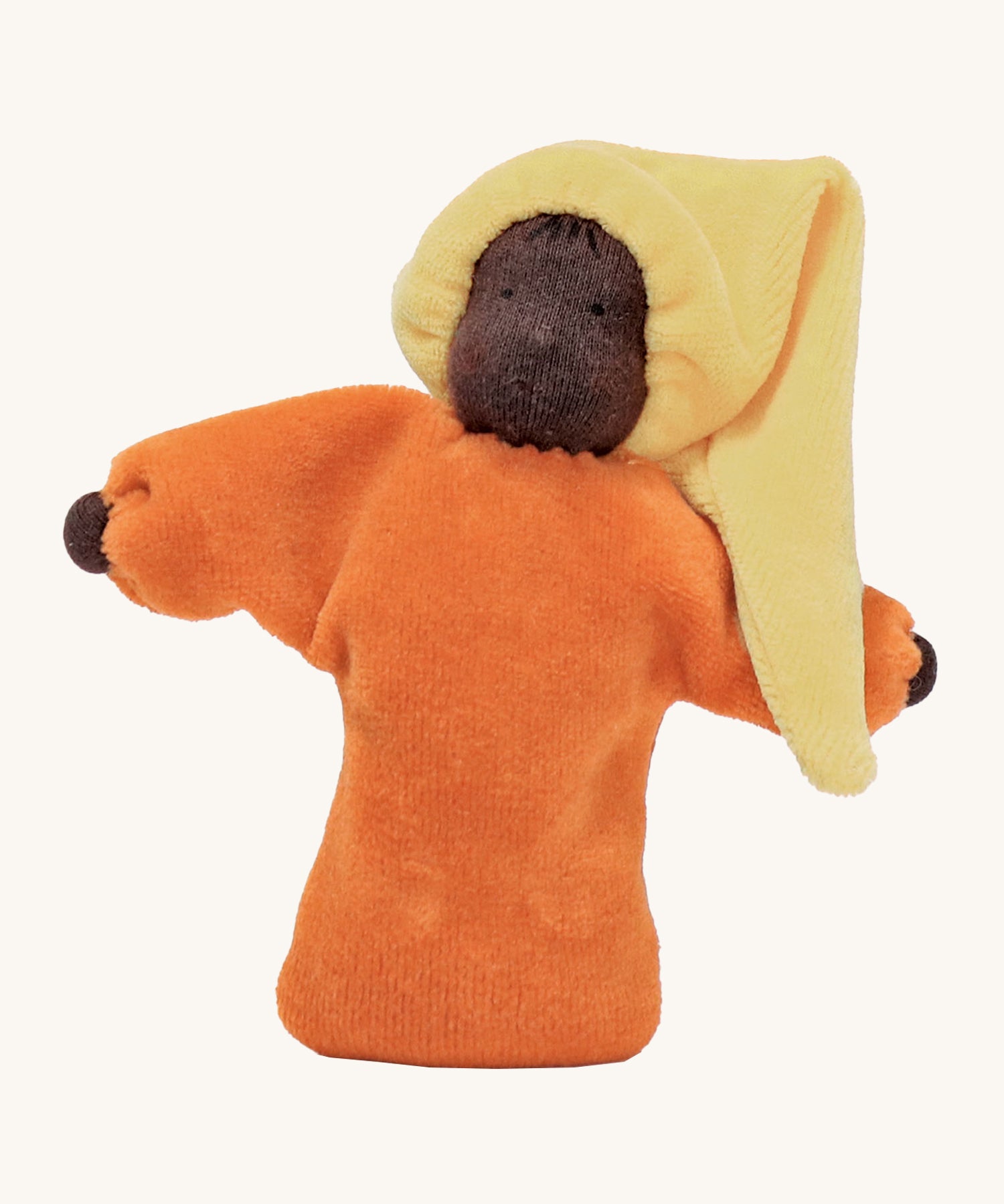 Grimm's Lavender Doll Sun is a lovely little waldorf doll with an orange body, yellow hat and black skin. The image is on a cream background