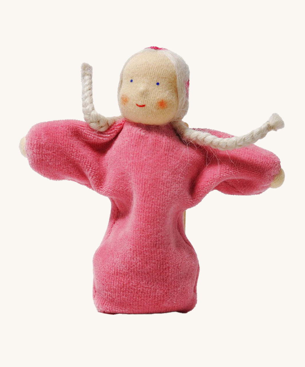 Grimm's Pink Lavender Girl is a lovely Waldorf inspired, soft body doll with a pink body, braided white hair with embroidered ribbon details in the hair. The image is on a white background