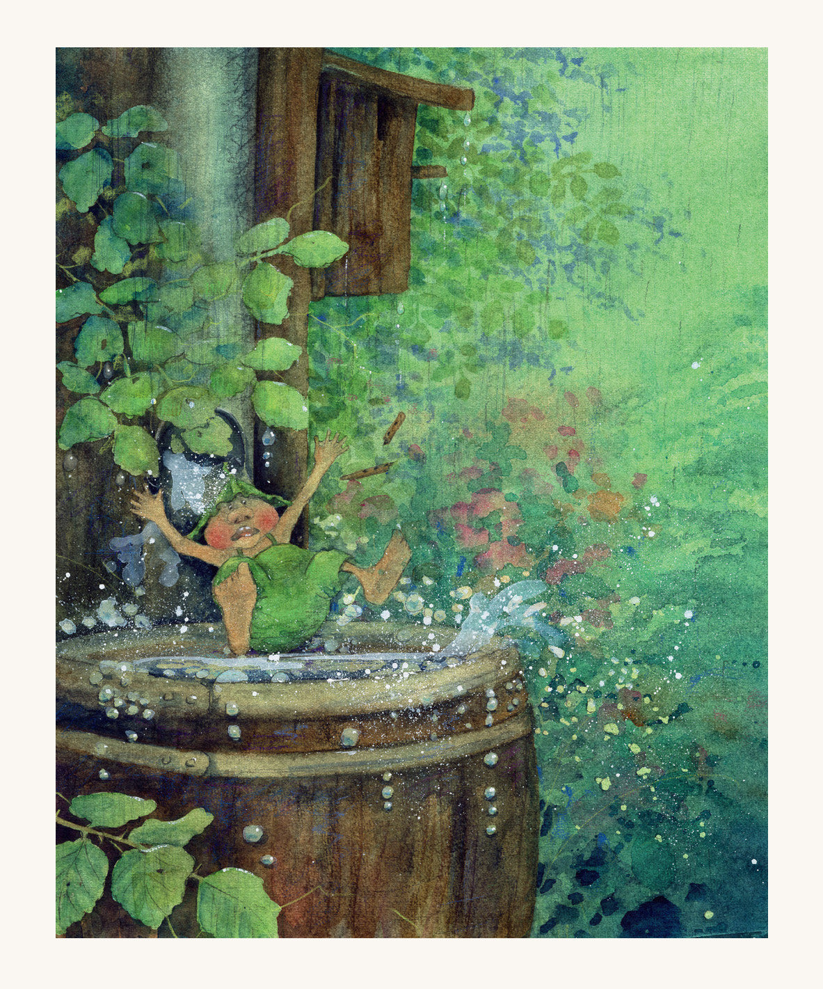 A page from The Garden Adventures Of Griswald The Gnome by Daniela Drescher. Griswald Gnome is falling into a wooden barrel full of rain water