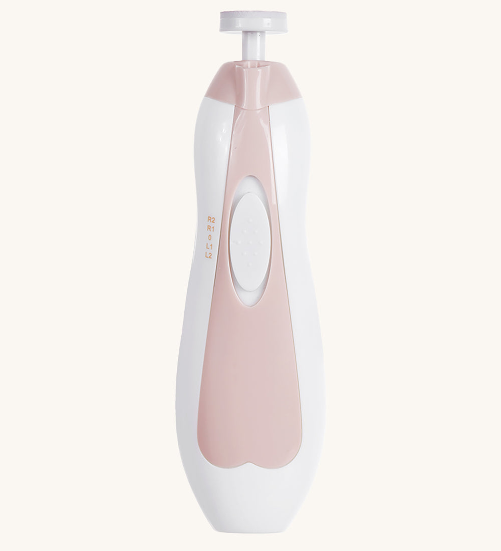 The Baby Nail Care Set, on a cream background. The Nail file is electric, with a push up switch to turn it on. The nail file also files in a left or right rotational direction.