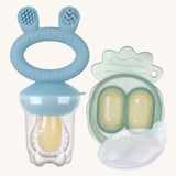 The Haakaa Fresh Food Feeder Mini Freeze and Feed set in blue, comes with a Nibble Tray, and a feeder. Both are freezable and the feeder is textured to sooth teething and sore gums