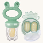 The Haakaa Fresh Food Feeder Mini Freeze and Feed set in green, comes with a Nibble Tray, and a feeder. Both are freezable and the feeder is textured to sooth teething and sore gums