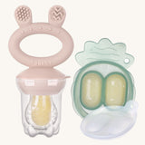 The Haakaa Fresh Food Feeder Mini Freeze and Feed set in punk, comes with a Nibble Tray, and a feeder. Both are freezable and the feeder is textured to sooth teething and sore gums