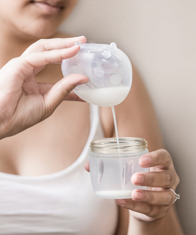 A person pouring milk from the Haakaa Ladybug Silicone Breast Milk Collector, into a Haakaa baby bottle