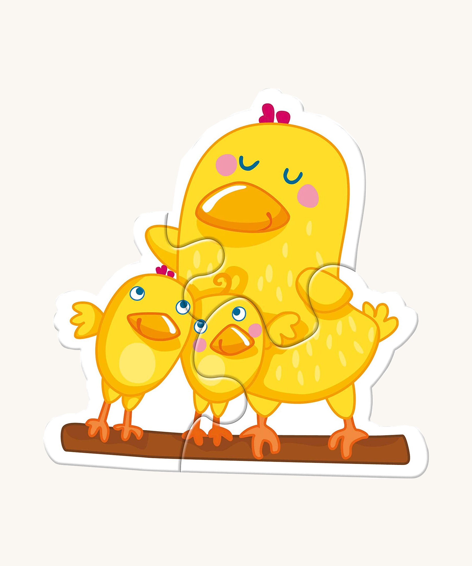 A yellow chicken with yellow chicks  from the Haba animal puzzle set on a cream background