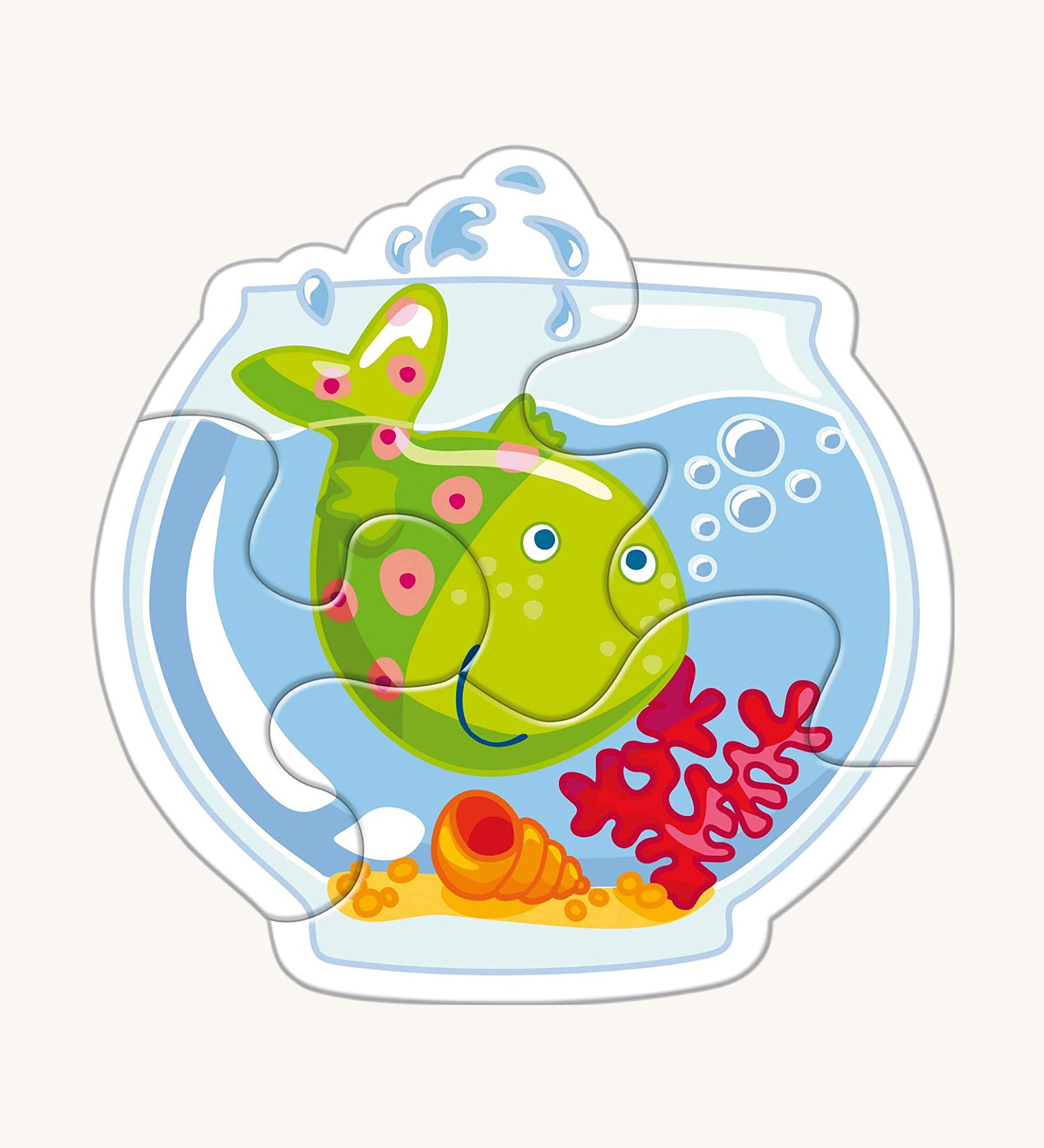 A green fish in a bowl from the Haba animal puzzle set on a cream background