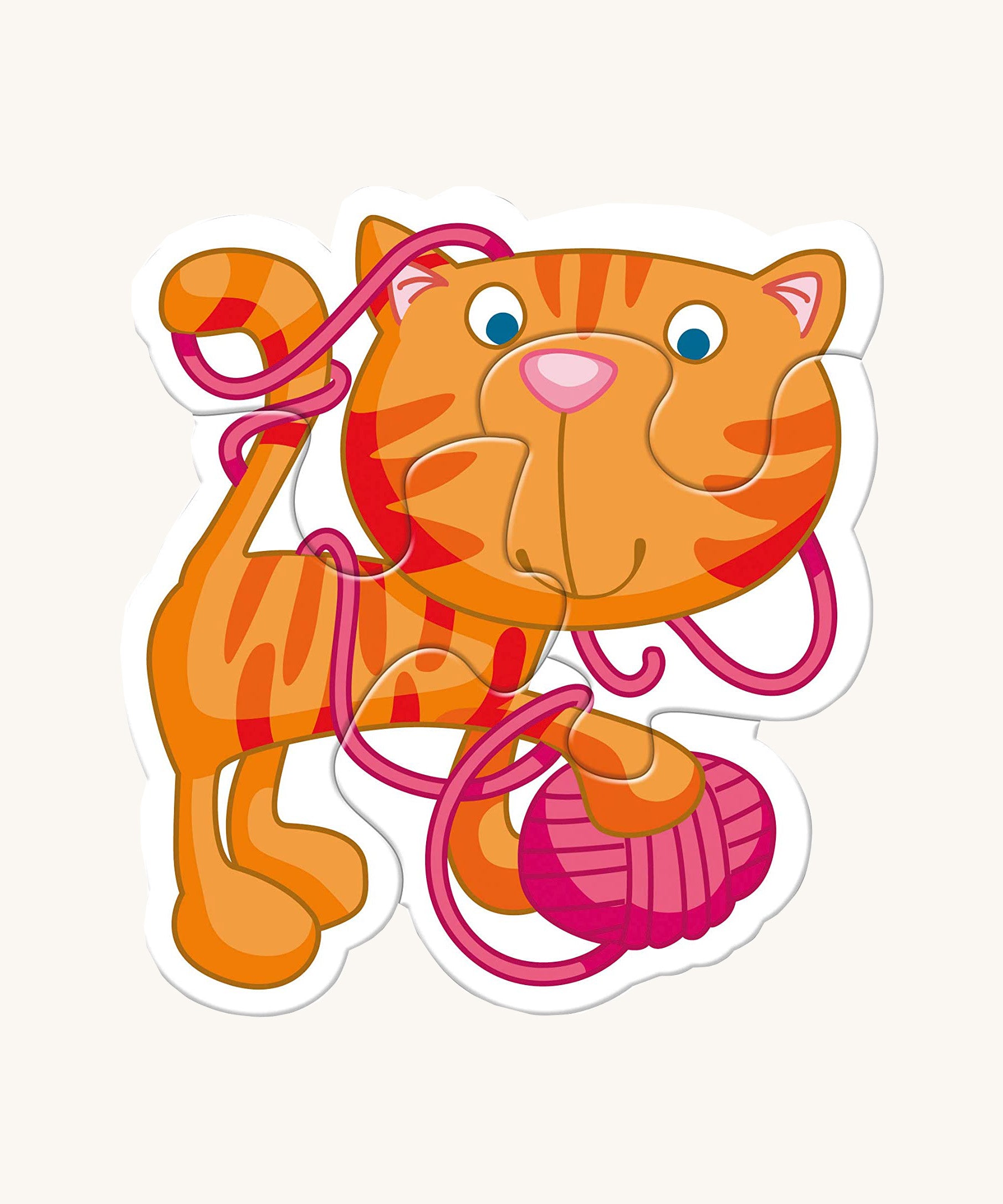 A orange cat with pink wool from the Haba animal puzzle set on a cream background