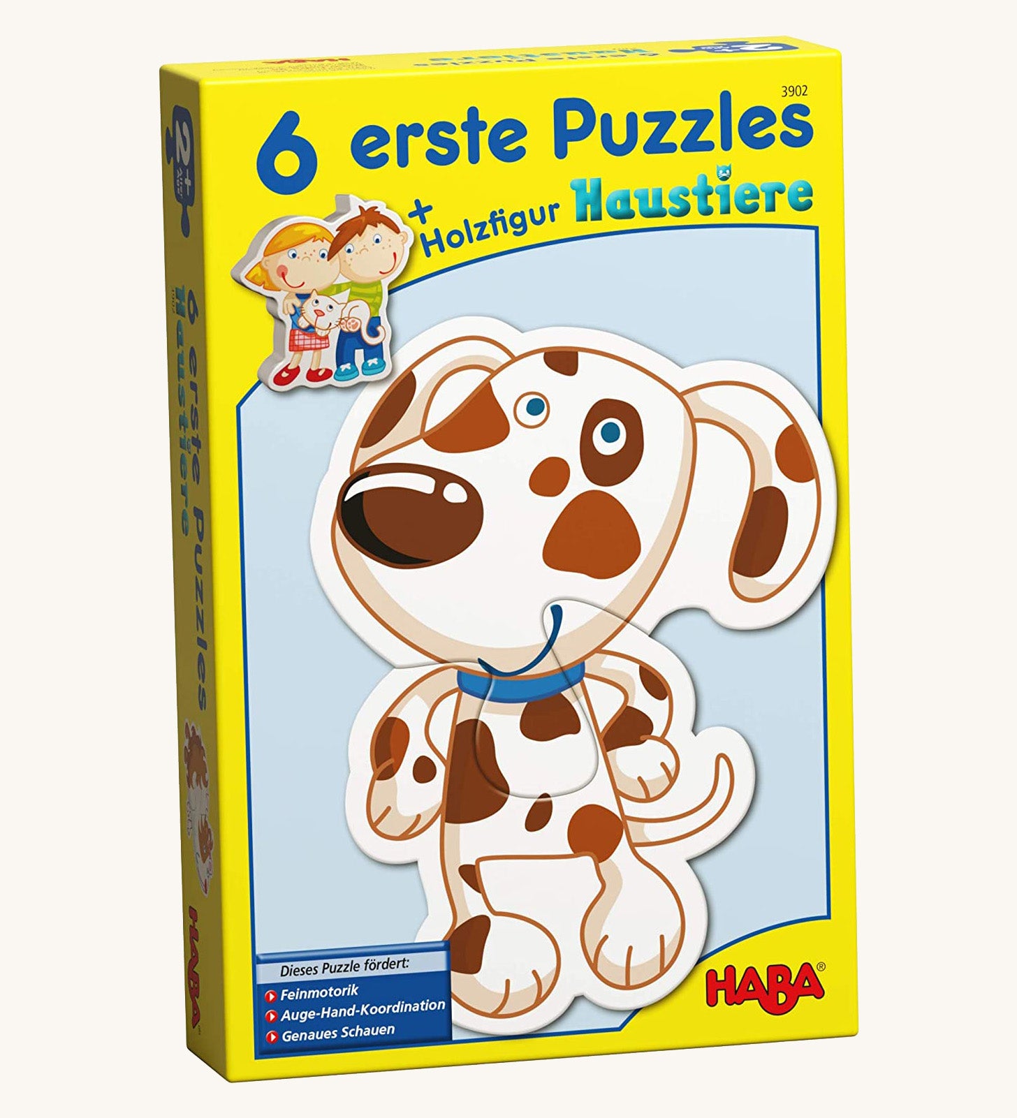 A yellow cardboard box with a picture of a dog puzzle on the front for the Haba 6 animal puzzle set on a cream background.