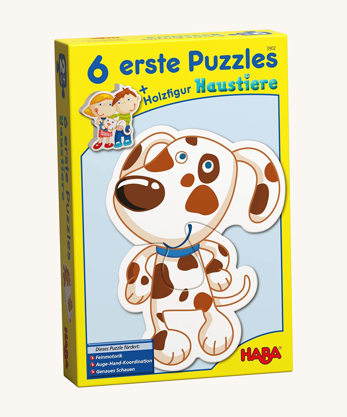 A yellow cardboard box with a picture of a dog puzzle on the front for the Haba 6 animal puzzle set on a cream background.