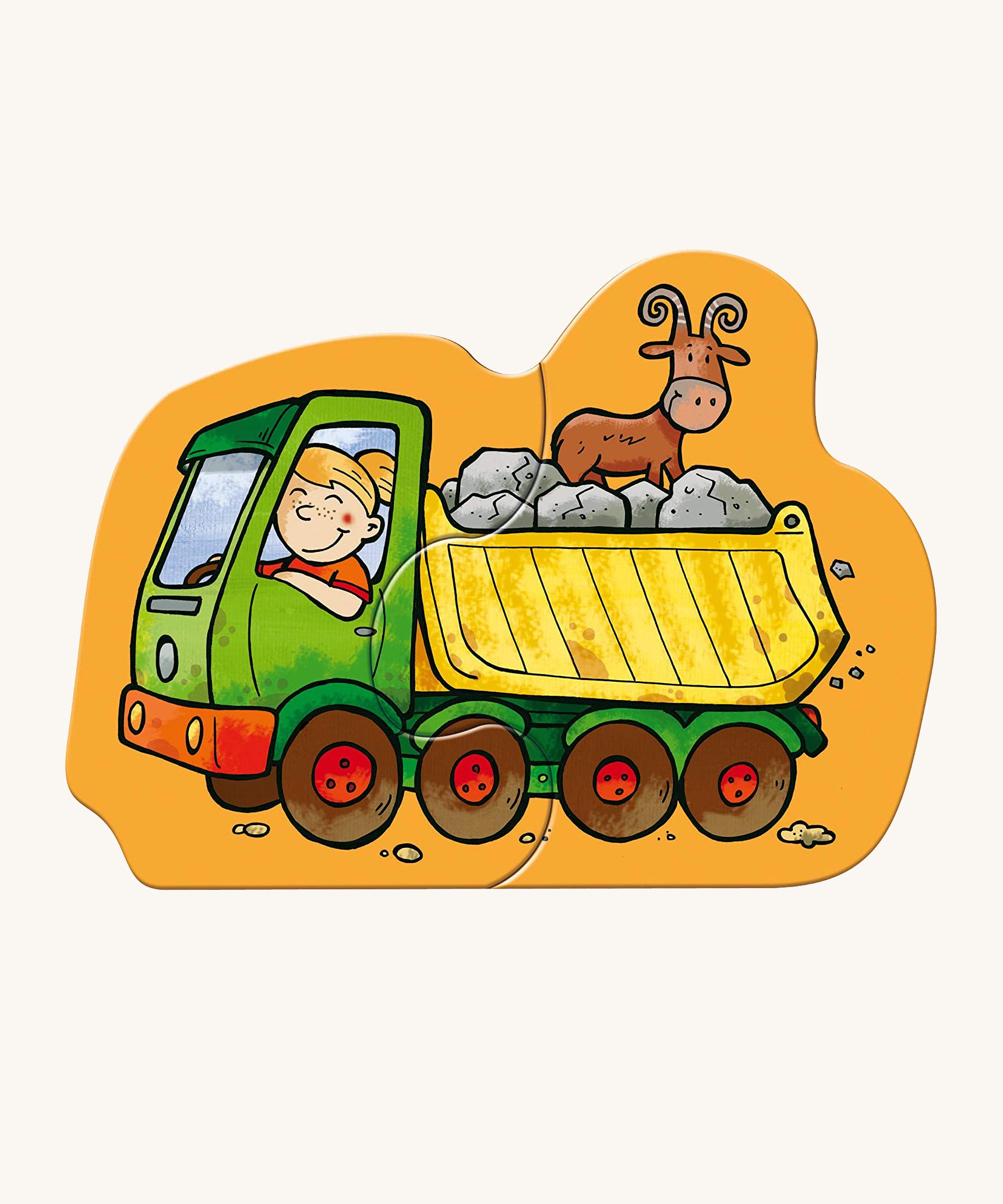 A dumper truck jigsaw piece with from the Haba construction jigsaw set on a cream background.