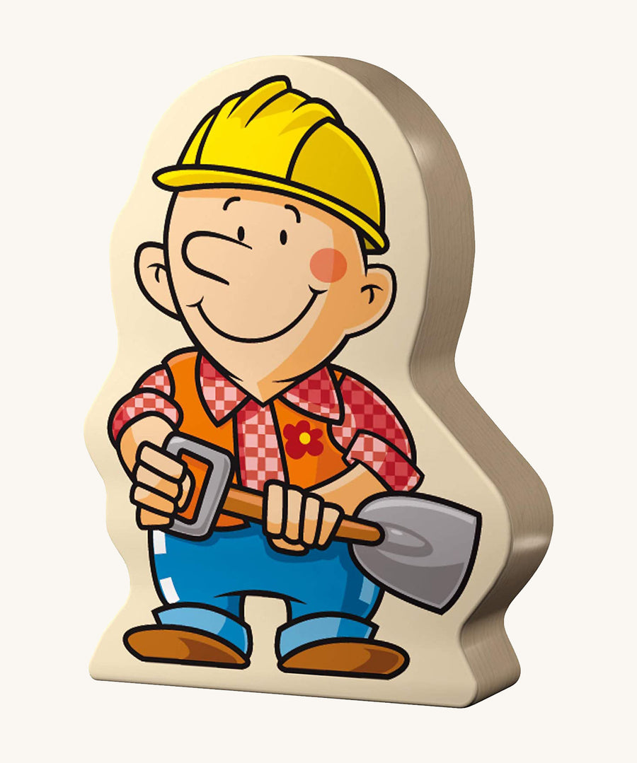 A builder jigsaw piece from the Haba construction jigsaw set on a cream background.